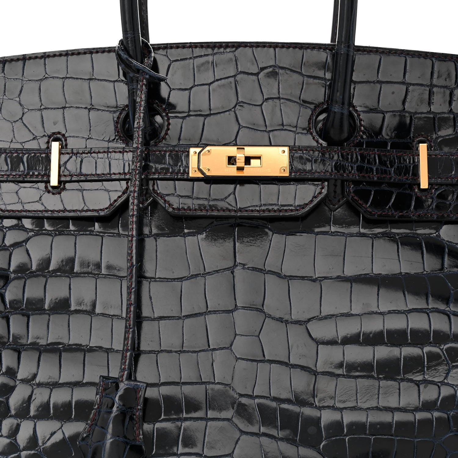 Hermes Shiny Porosus Crocodile Horseshoe Birkin 35 Bleu Nuit Bordeaux 8 of 10