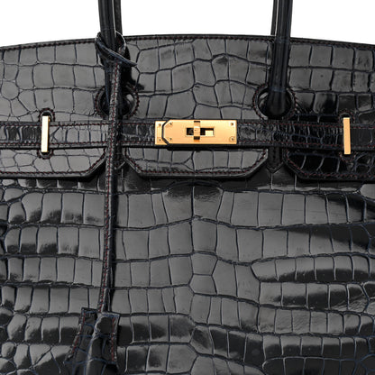 Hermes Shiny Porosus Crocodile Horseshoe Birkin 35 Bleu Nuit Bordeaux 8 of 10