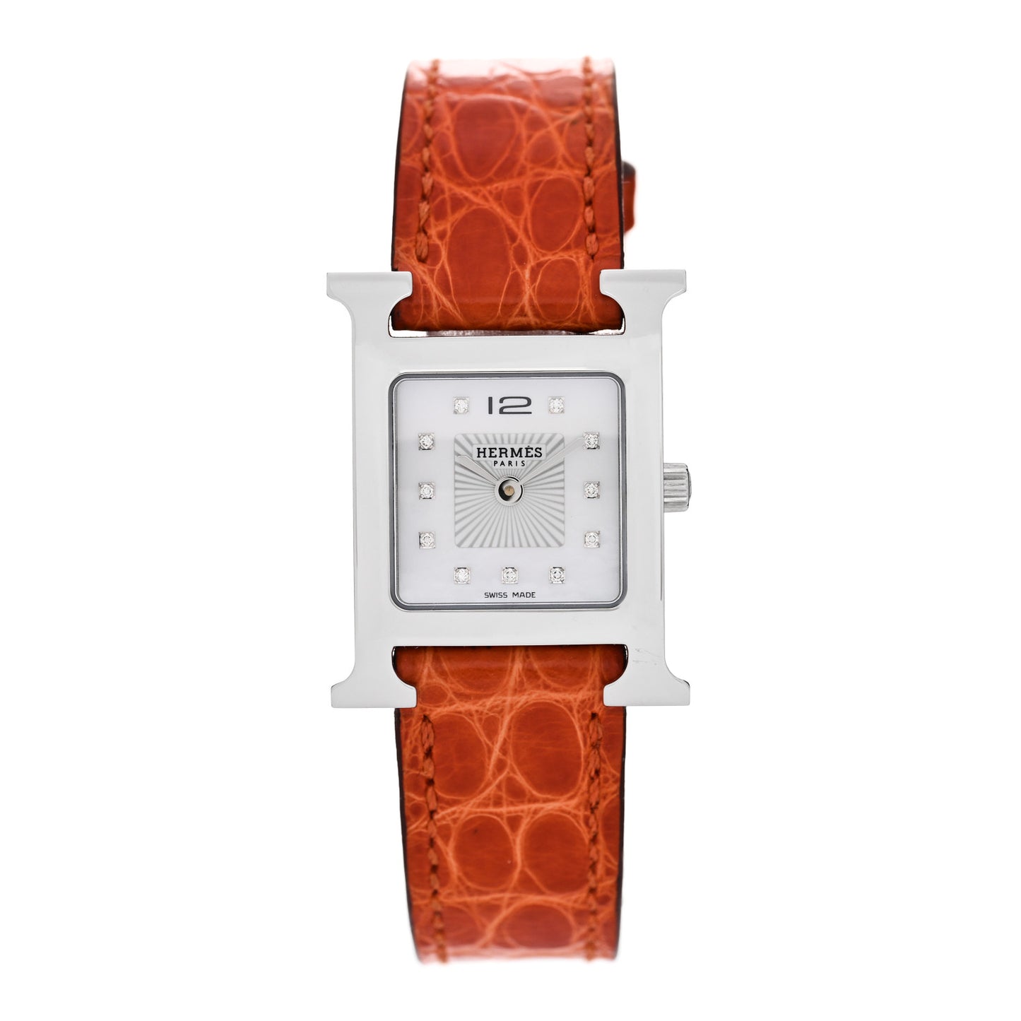 Stainless Steel Alligator Diamond Mother of Pearl 21mm Heure H Hour Quartz Watch Orange