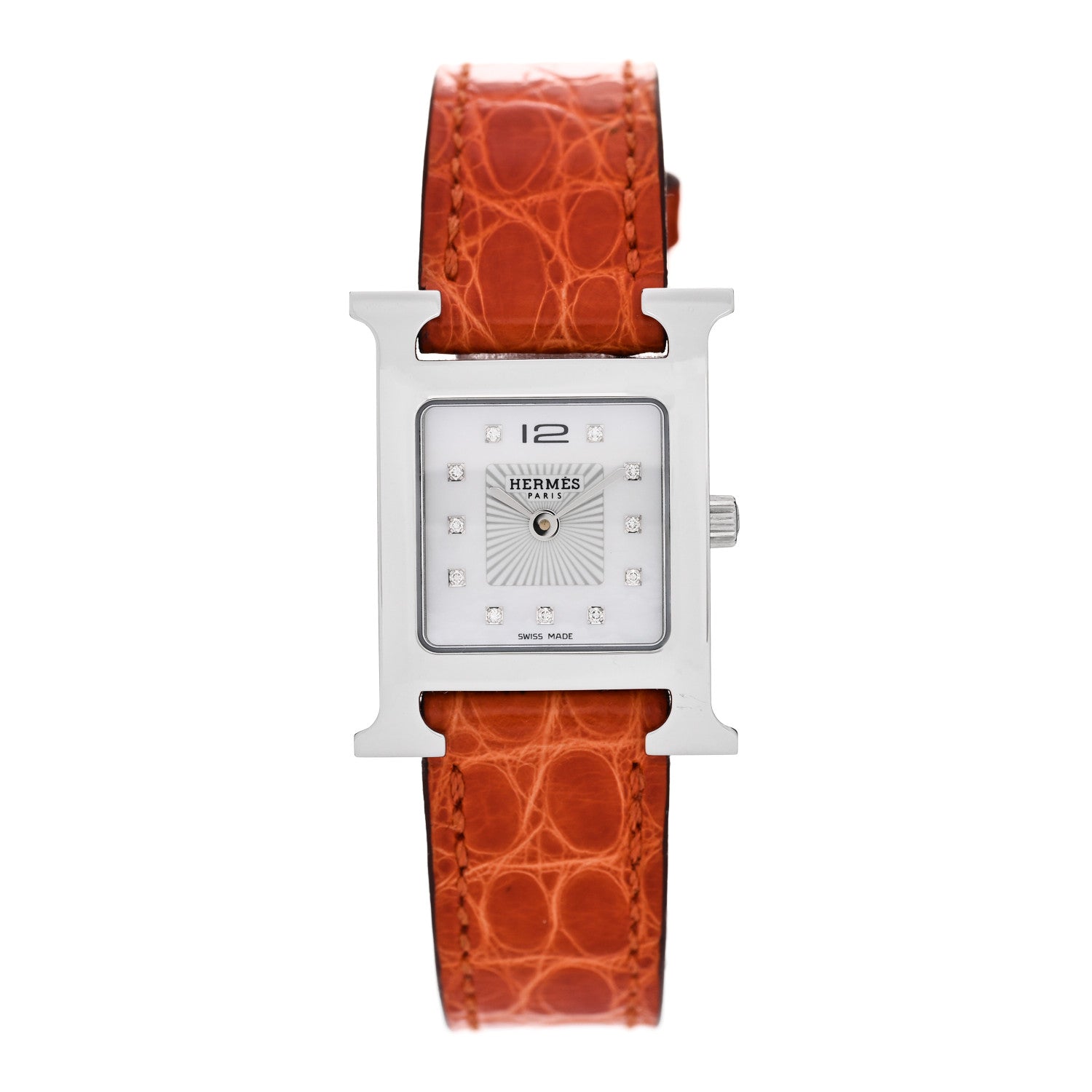 Hermes Stainless Steel Alligator Diamond Mother of Pearl 21mm Heure H Hour Quartz Watch Orange 1 of 5