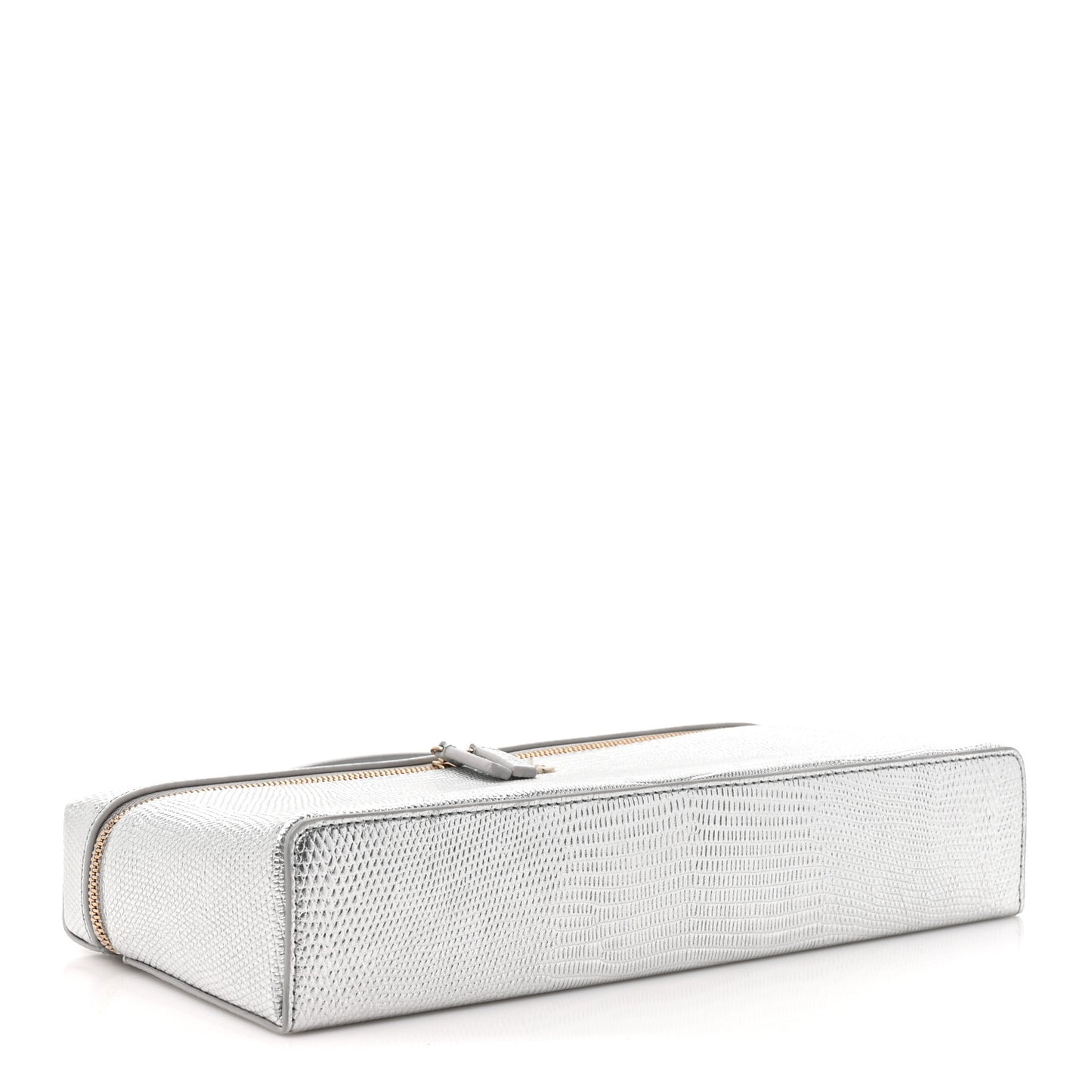 Lizard Embossed Calfskin Top Handle Slim Vanity With Chain Silvery