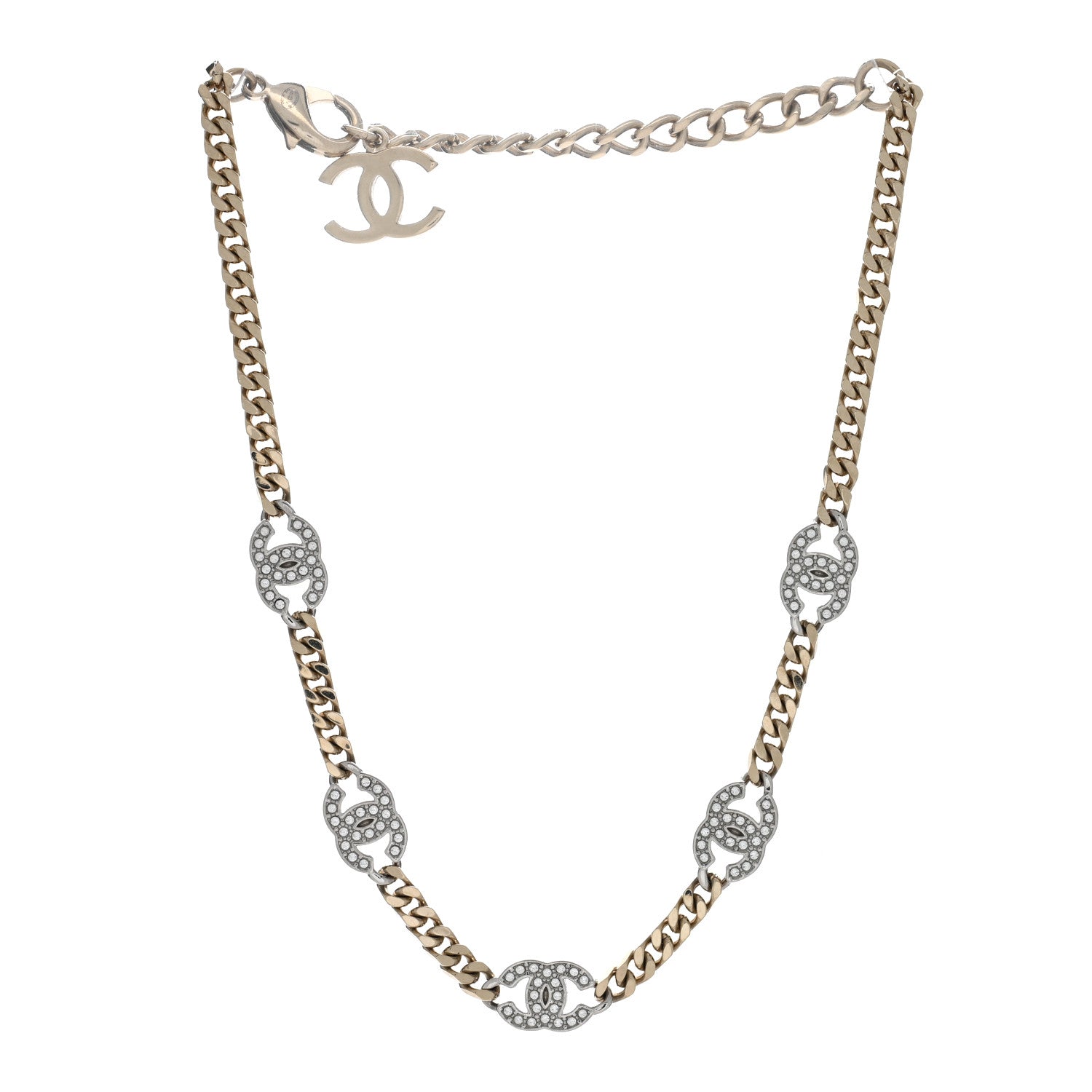 Chanel Crystal Chain CC Necklace Gold Silver 2 of 4