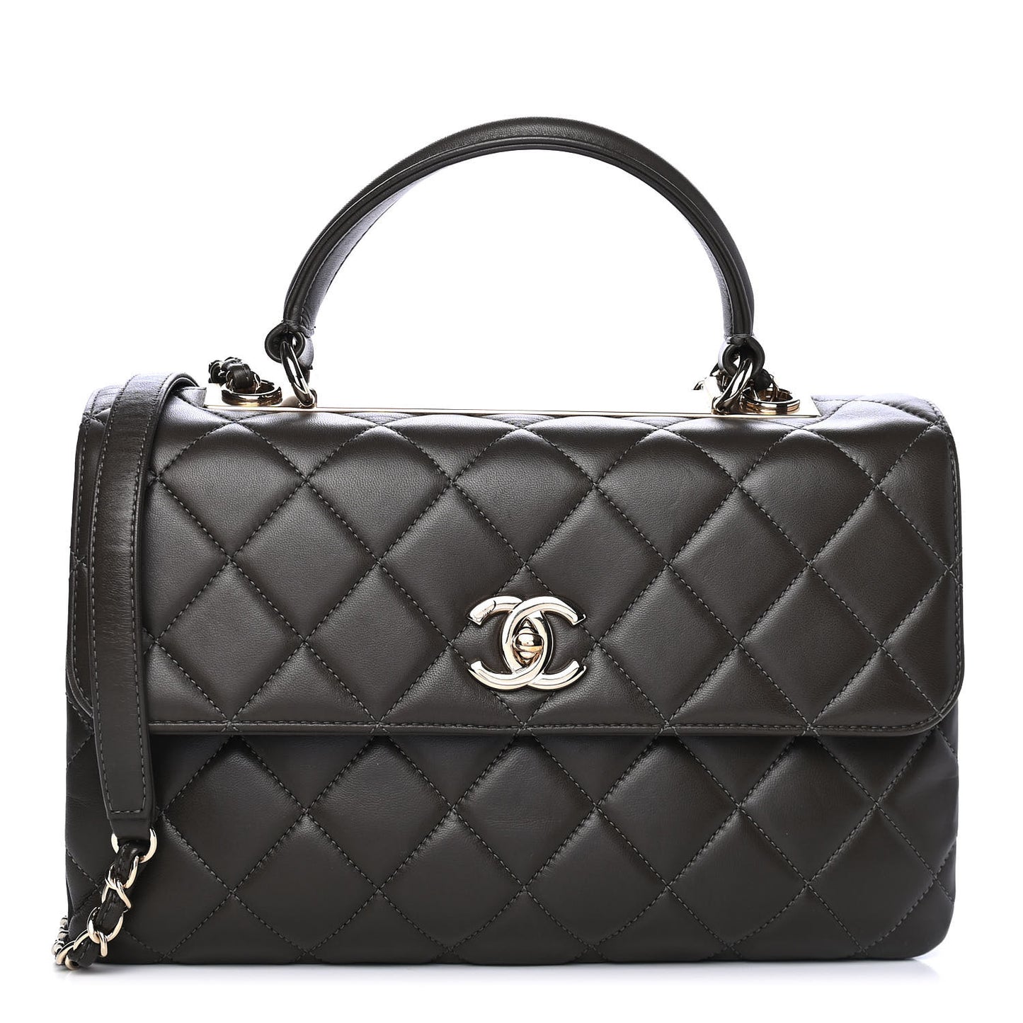 Lambskin Quilted Medium Trendy CC Flap Dual Handle Bag Dark Khaki