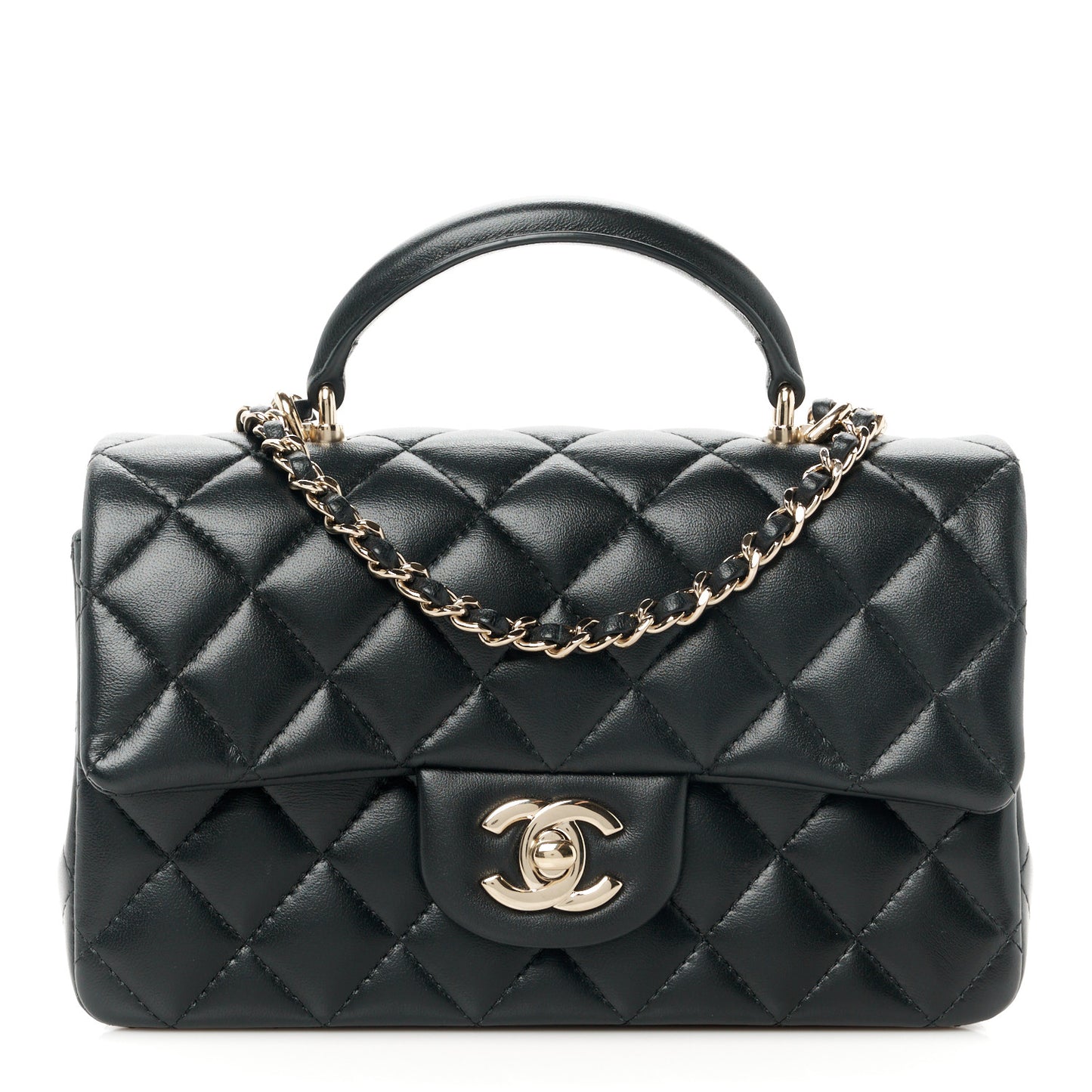 Lambskin Quilted Mini Top Handle Rectangular Flap Black