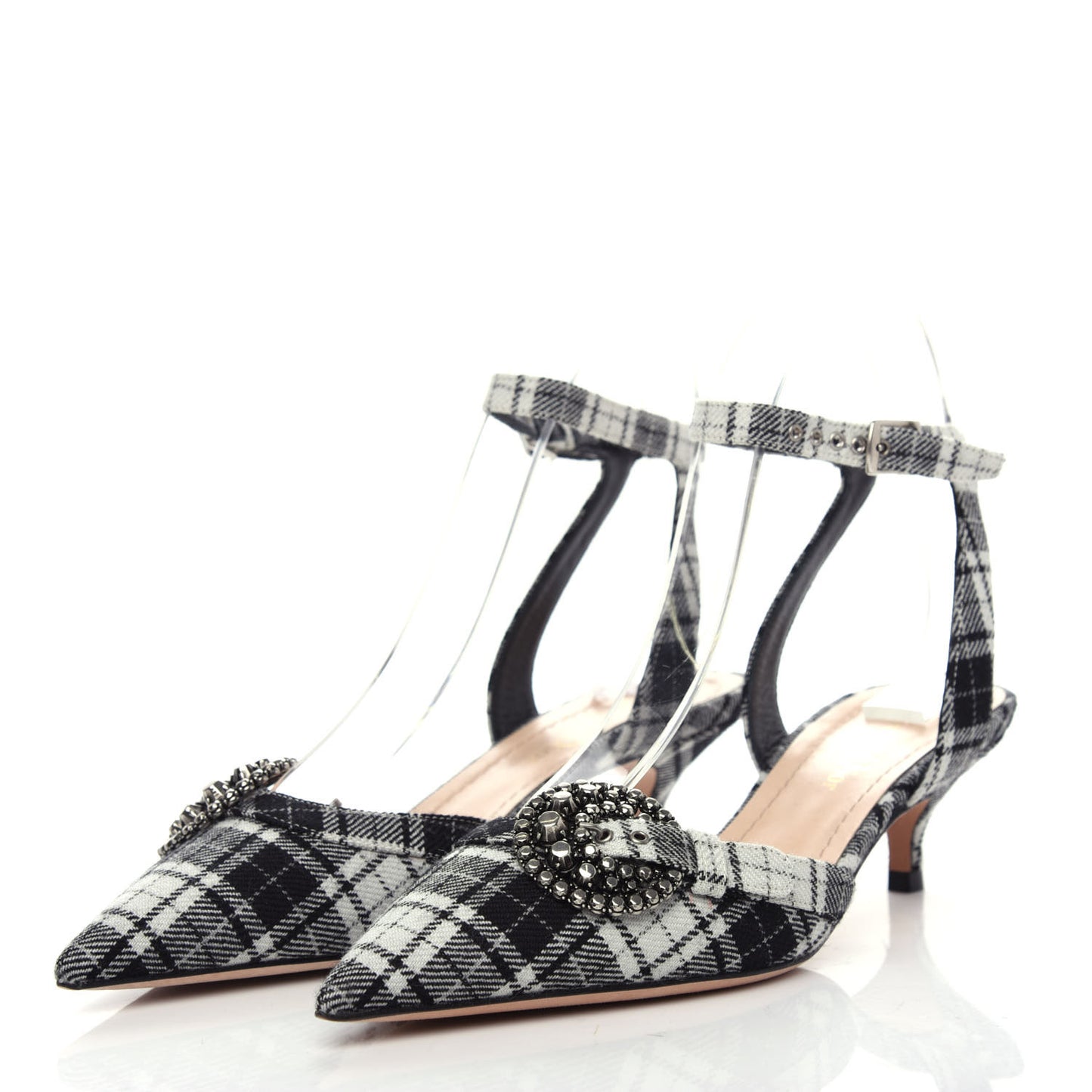 Canvas Tartan Gang Ankle Strap Slingback Pumps 36.5 Black