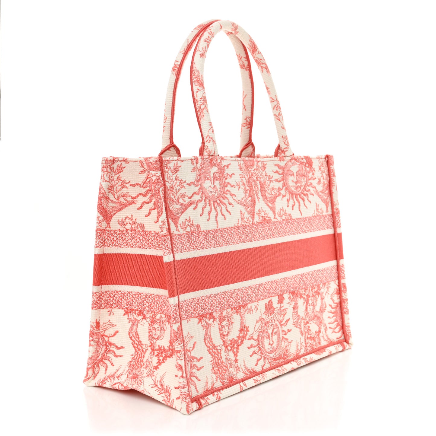 Canvas Embroidered Medium Toile de Jouy Soleil Book Tote Coral