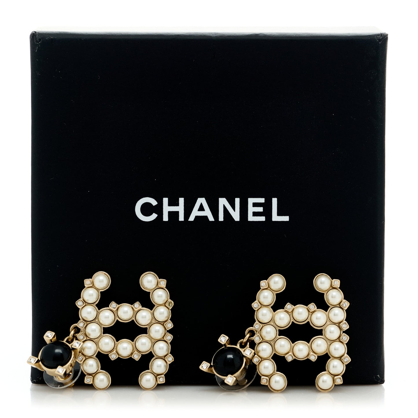 Resin Crystal Pearl CC Drop Earrings Black Gold
