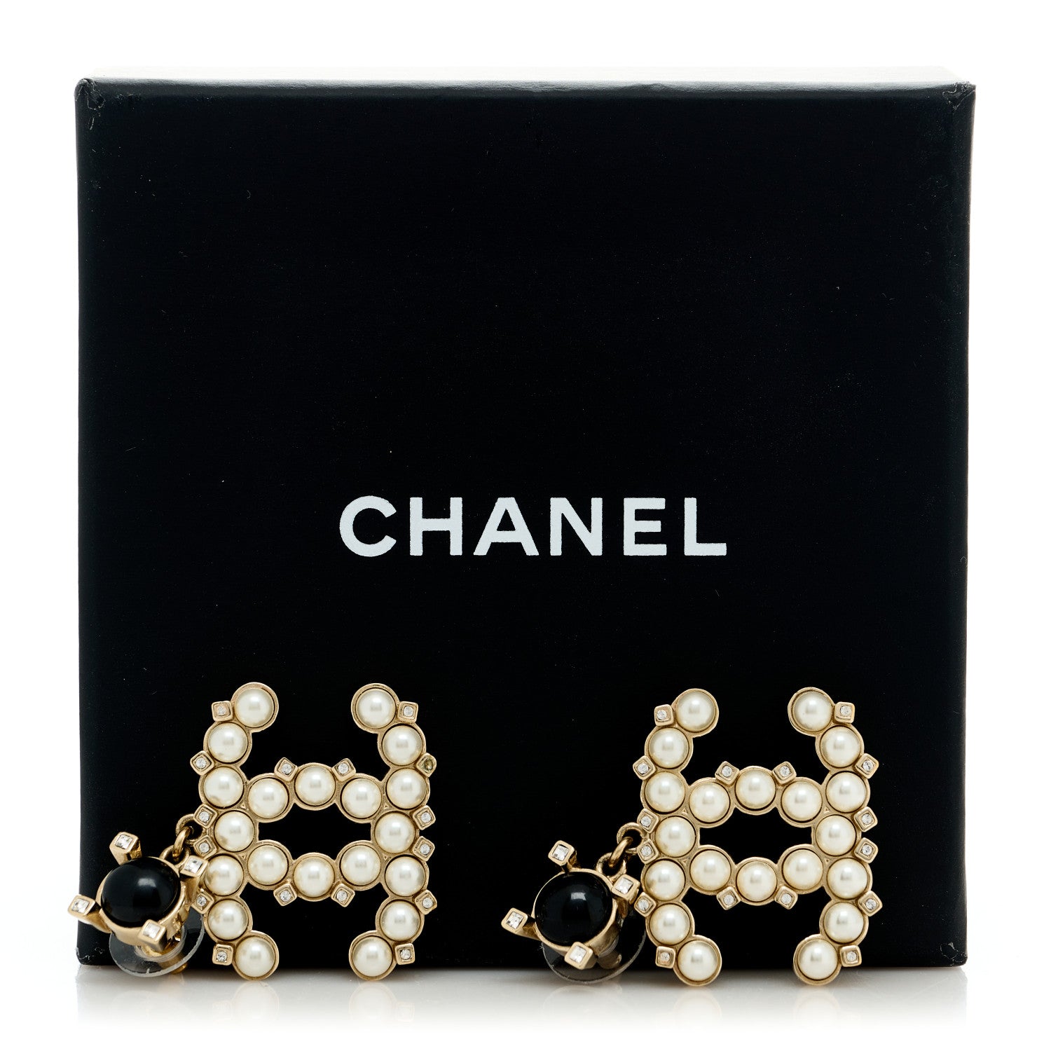 Chanel Resin Crystal Pearl CC Drop Earrings Black Gold 5 of 5