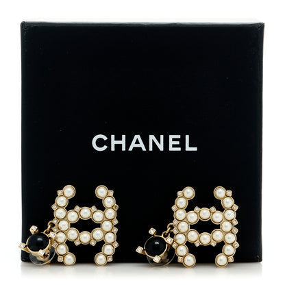 Chanel Resin Crystal Pearl CC Drop Earrings Black Gold 5 of 5
