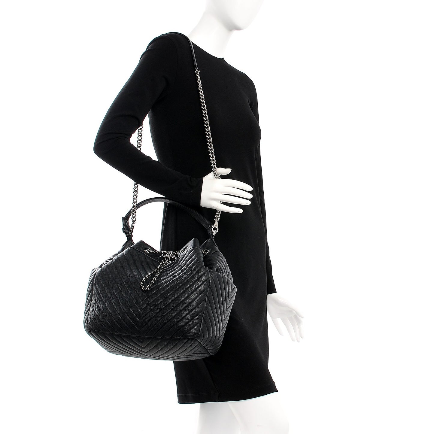 Deerskin Chevron Large CC Chain Bucket Drawstring Bag Black