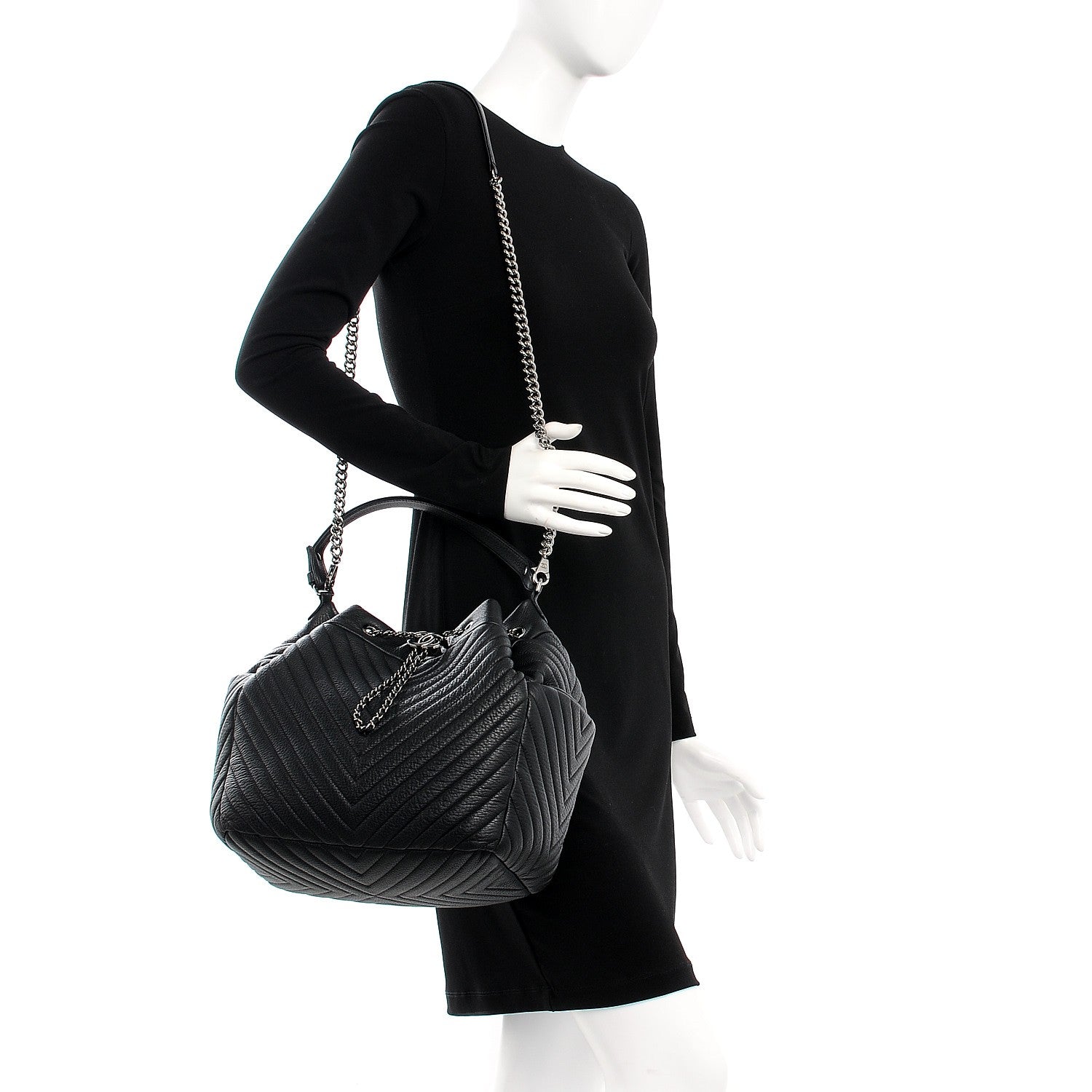 Chanel Deerskin Chevron Large CC Chain Bucket Drawstring Bag Black 2 of 8