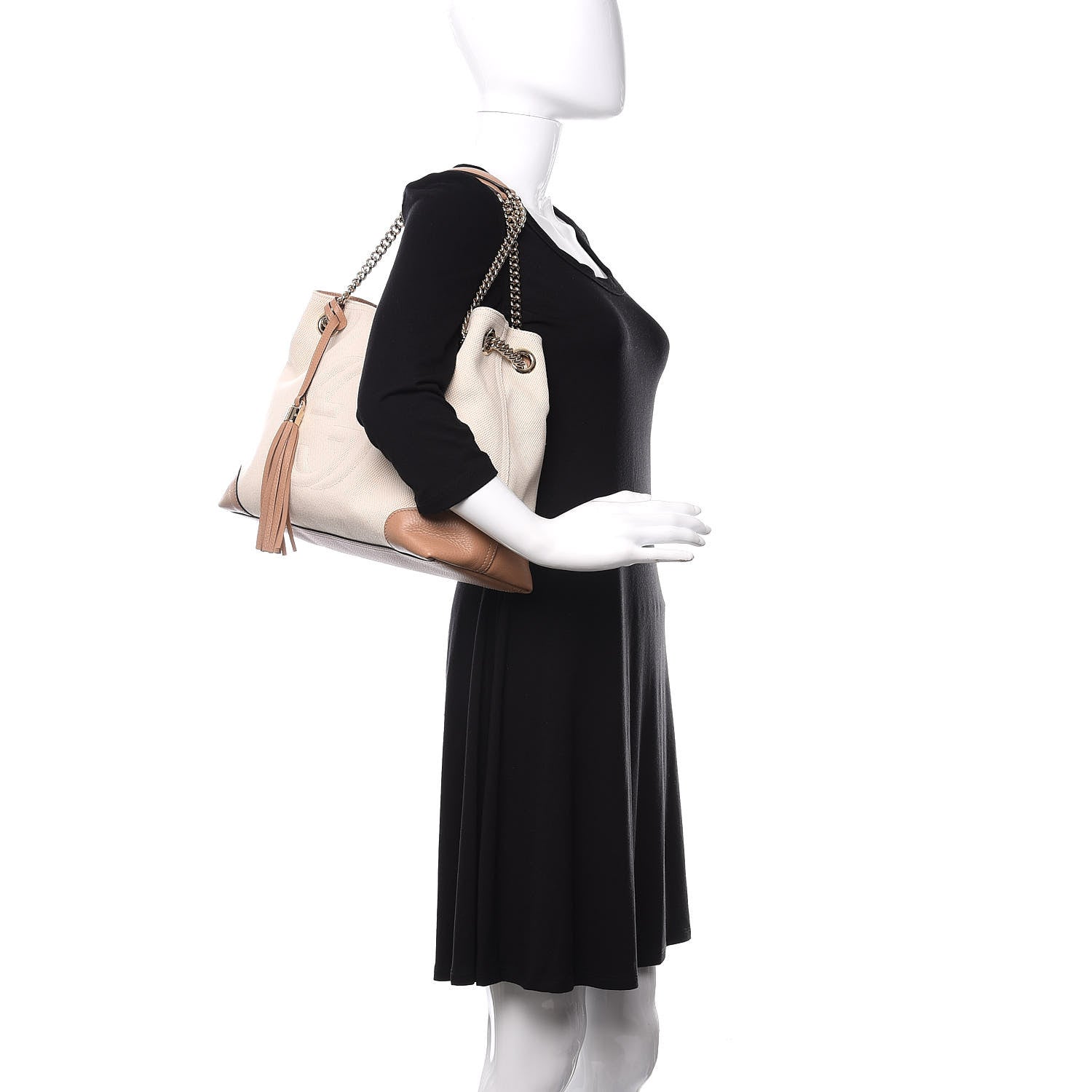 Gucci Linen Canvas Pebbled Calfskin Medium Soho Chain Shoulder Bag White Camelia 2 of 10