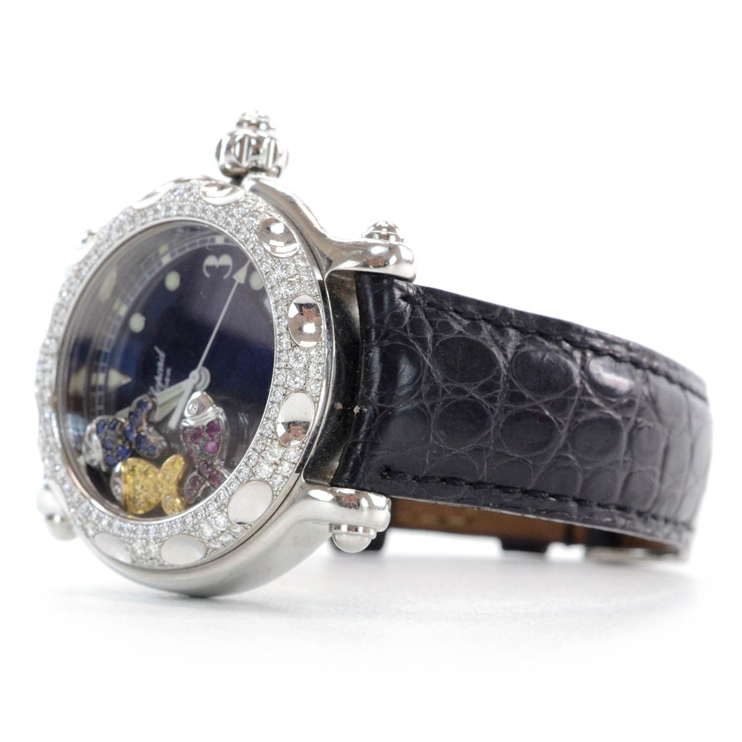 Stainless Steel Alligator Diamond Bezel Ruby Yellow Blue Sapphire 39mm Happy Sport Fish Quartz Watch Blue