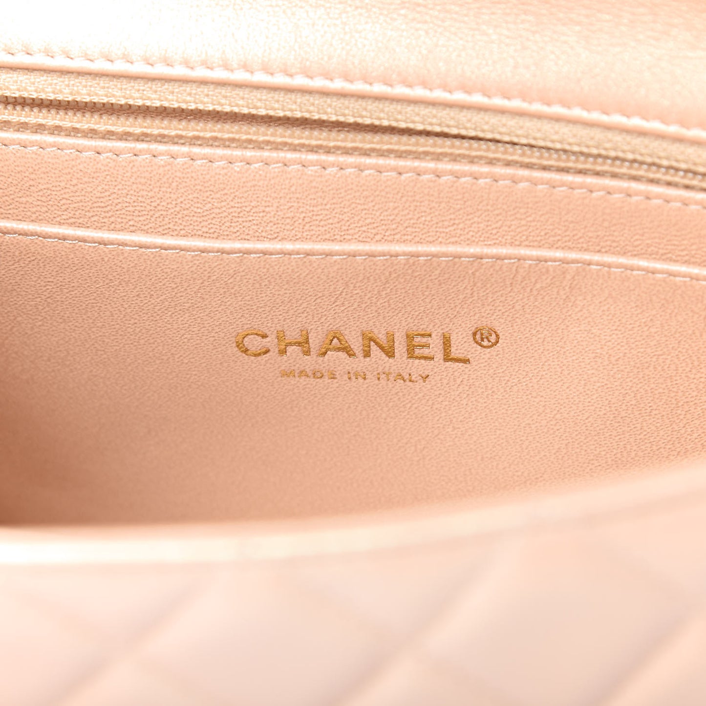 Iridescent Calfskin Quilted Mini Rectangular Flap Beige