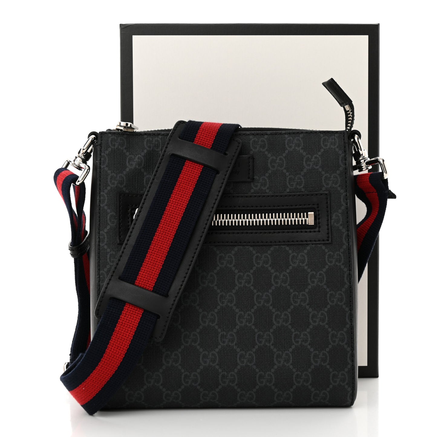 GG Supreme Monogram Web Small Flat Messenger Bag Black Grey
