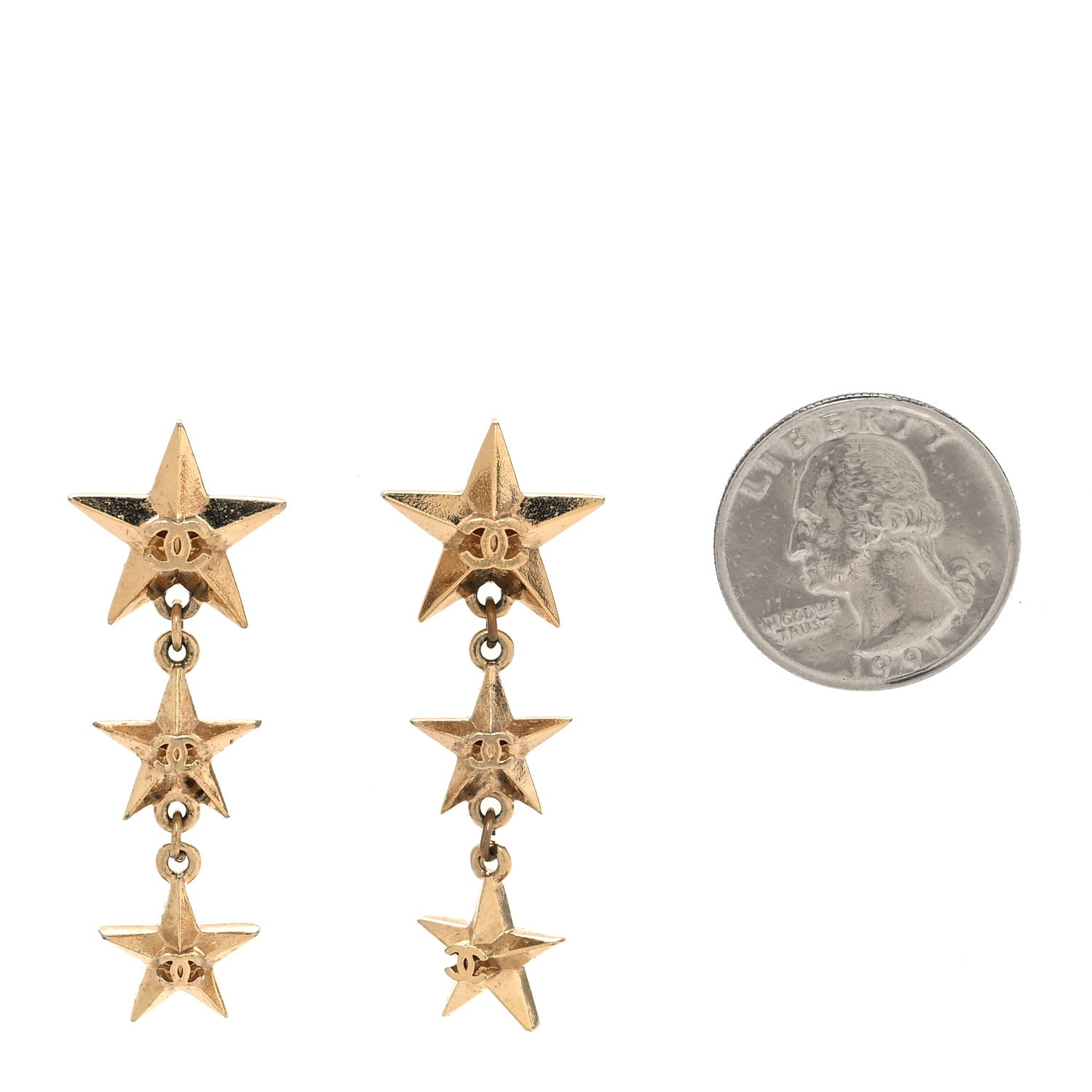 Chanel Metal CC Triple Star Drop Earrings Gold 2 of 5