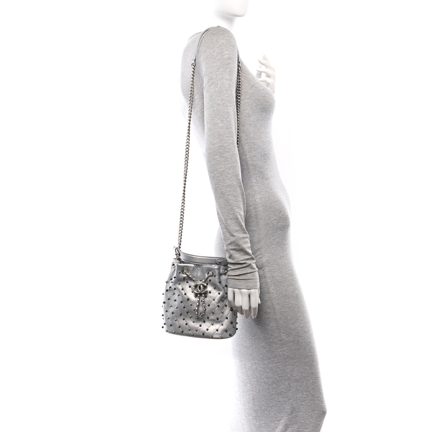 Chanel Metallic Lambskin Studded Chevron Quilted Small Stud Wars Drawstring Bag Silver 2 of 10