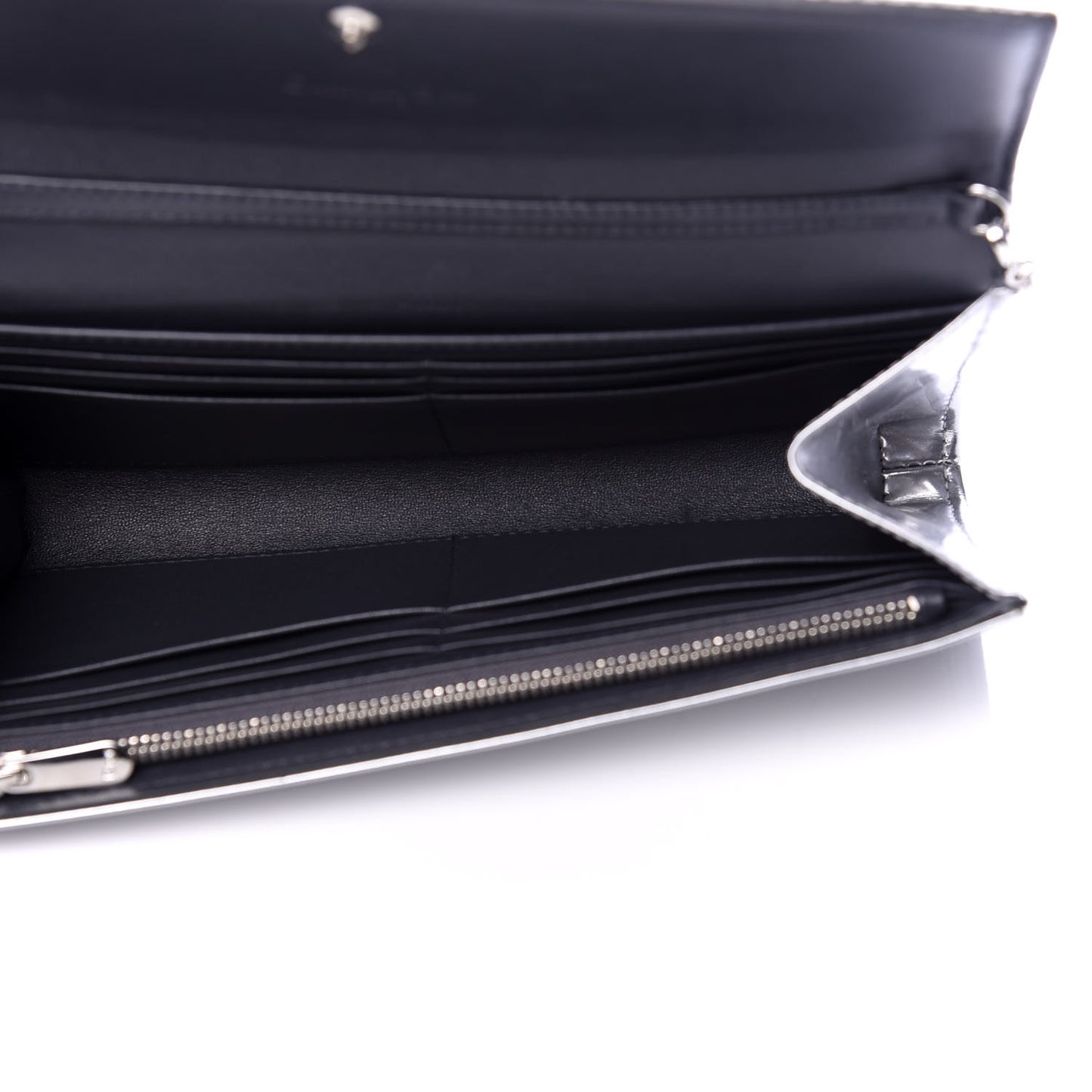 Metallic Patent Micro-Cannage Lady Dior Croisiere Chain Wallet Silver