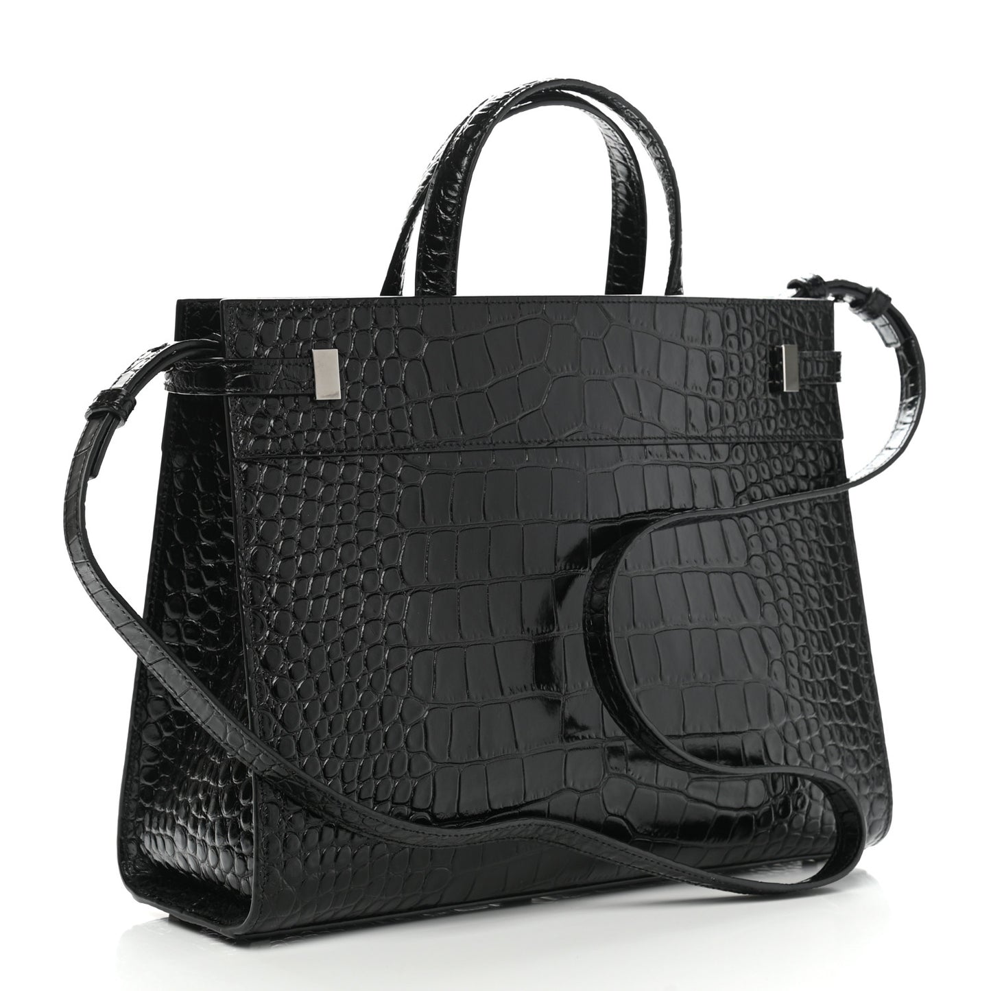Shiny Calfskin Crocodile Embossed Small Manhattan Shopper Tote Black