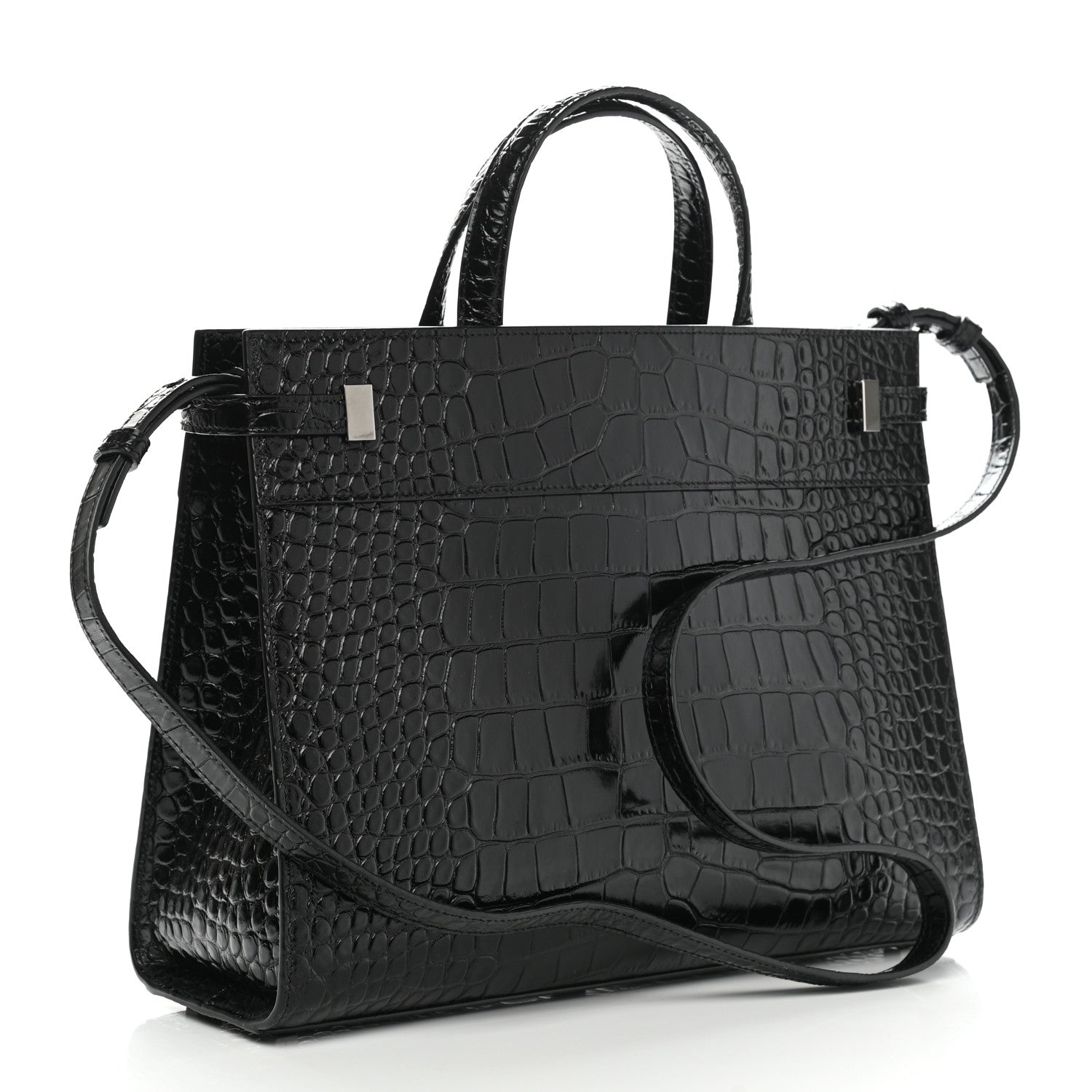 Saint Laurent Shiny Calfskin Crocodile Embossed Small Manhattan Shopper Tote Black 3 of 10