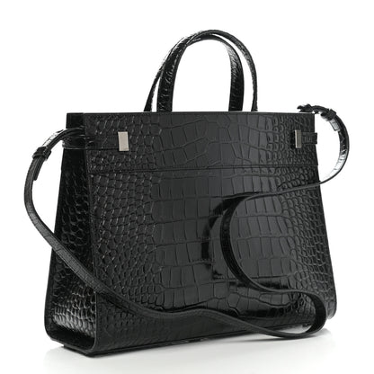 Saint Laurent Shiny Calfskin Crocodile Embossed Small Manhattan Shopper Tote Black 3 of 10