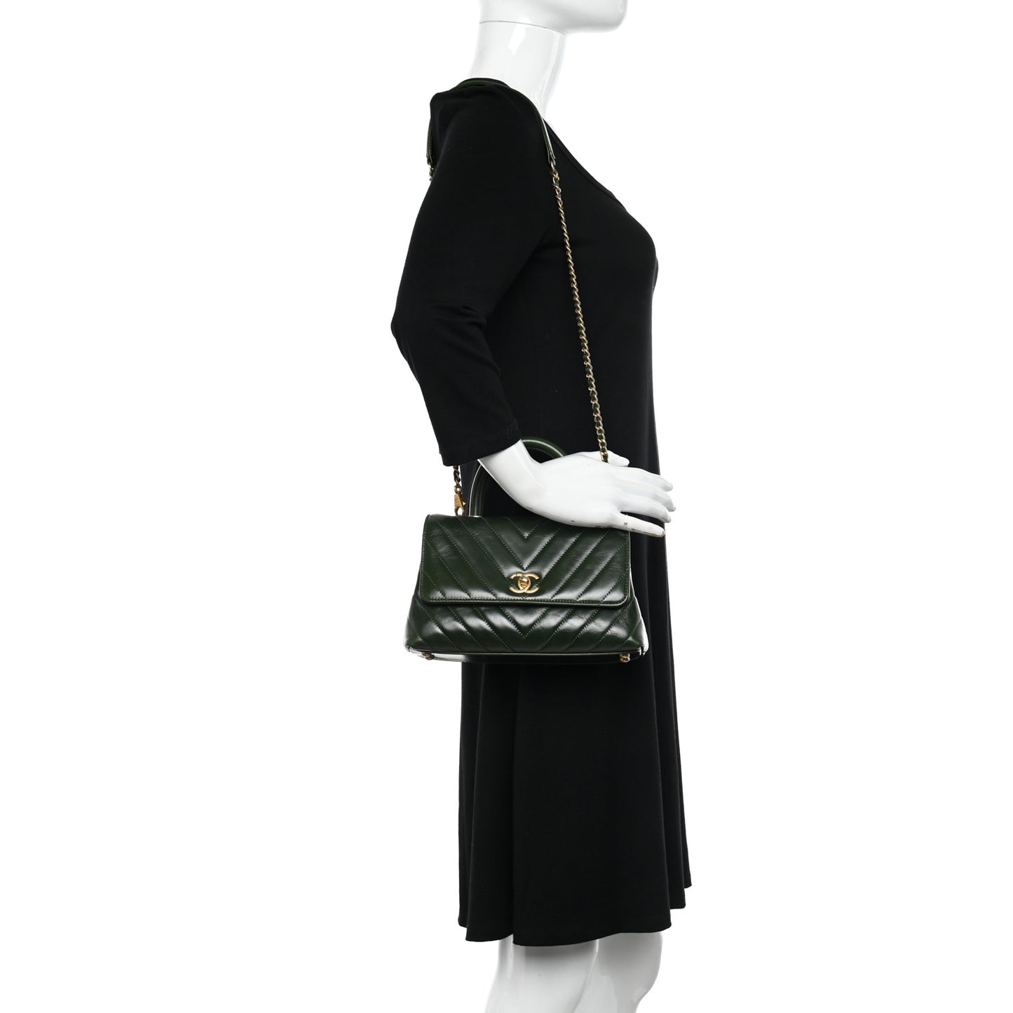 Calfskin Chevron Quilted Mini Coco Handle Flap Green