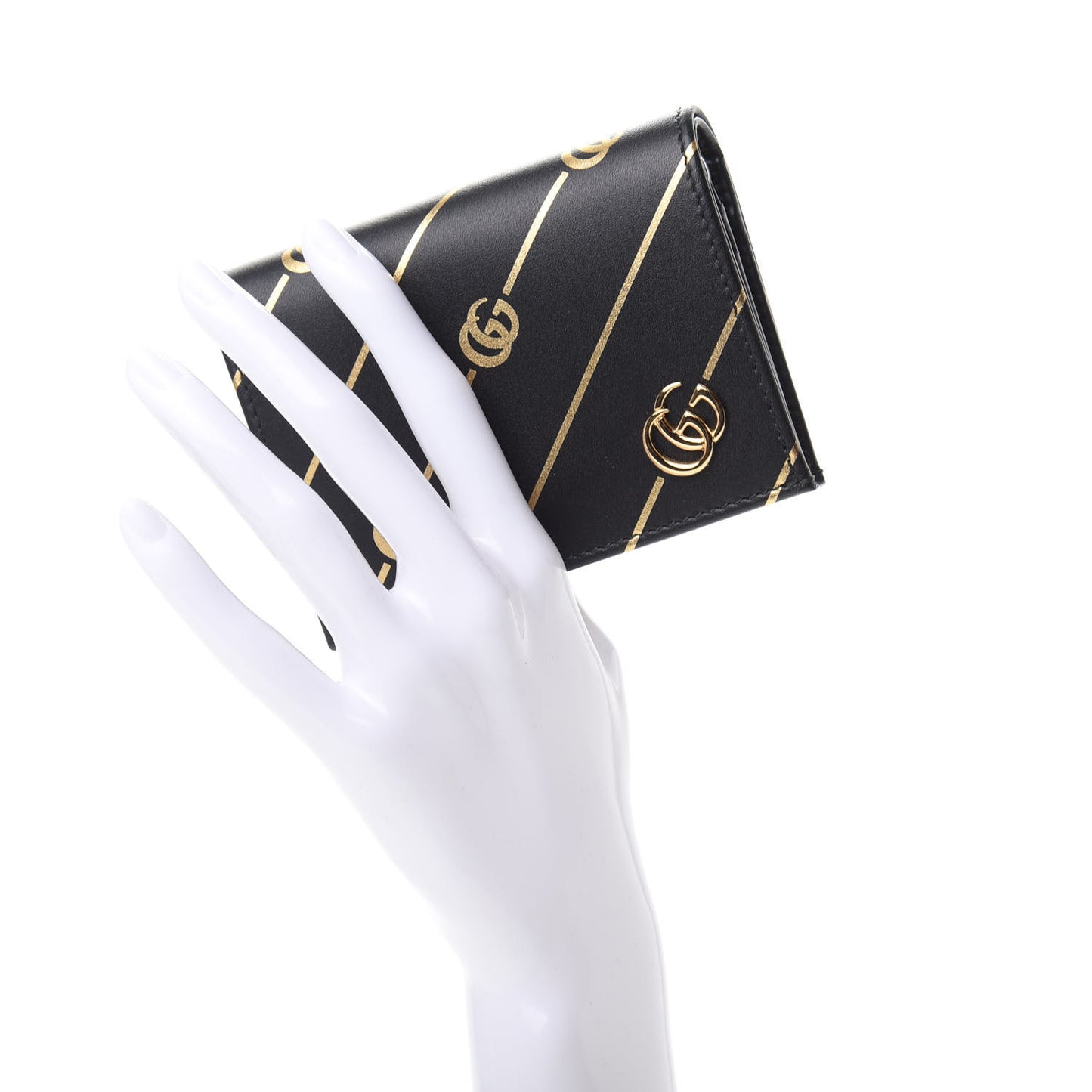 Calfskin Diagonal GG Card Case Black Gold