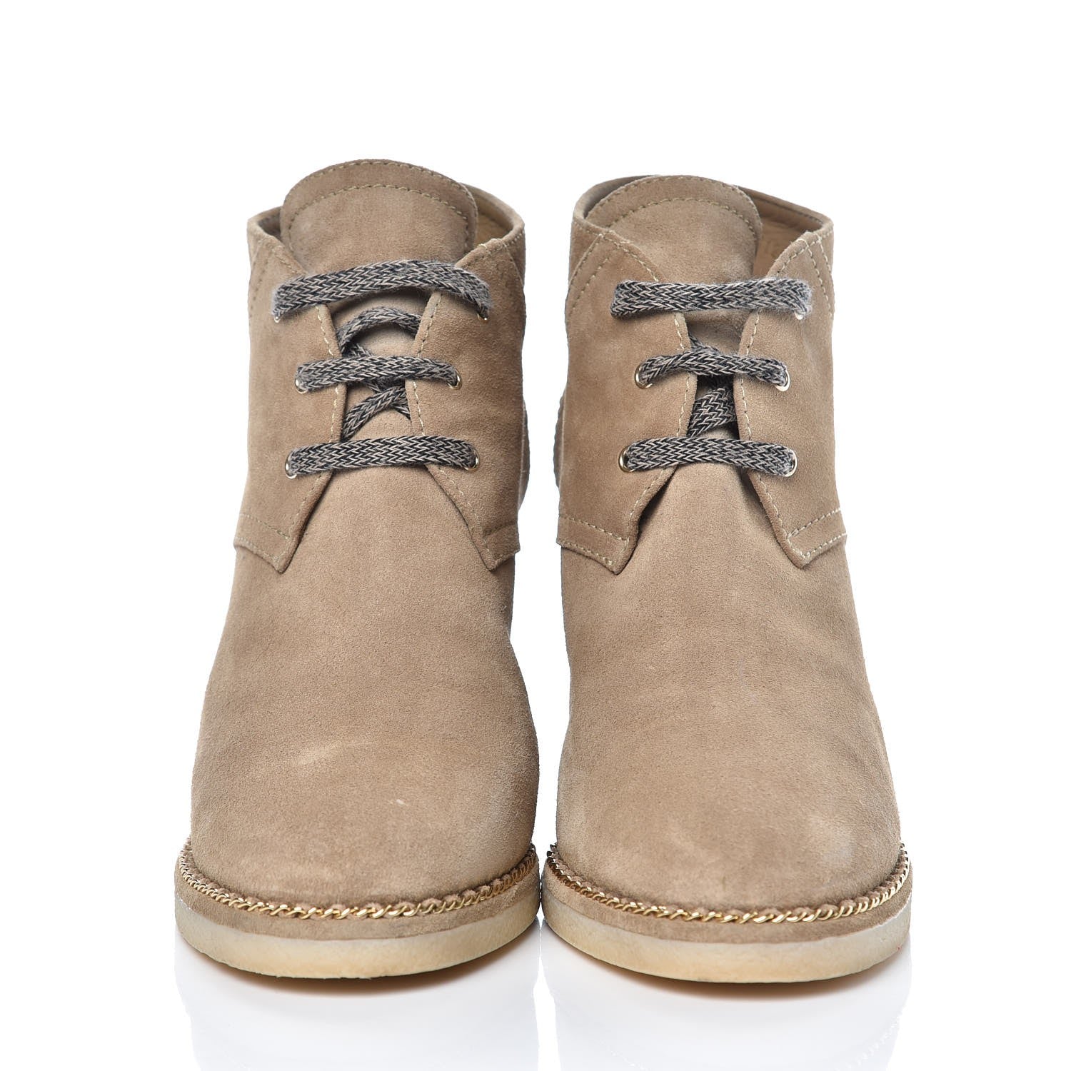 Chanel Suede Calfskin Lace Up Wedge Booties 41 Beige 2 of 10