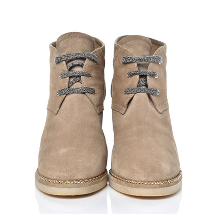 Chanel Suede Calfskin Lace Up Wedge Booties 41 Beige 2 of 10