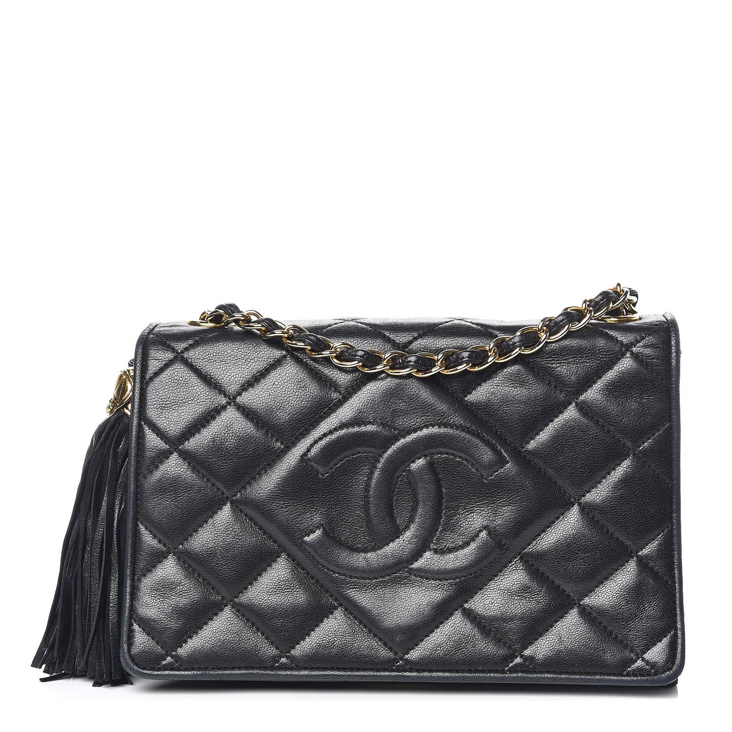 Lambskin Quilted Small Tassel Single Flap Black