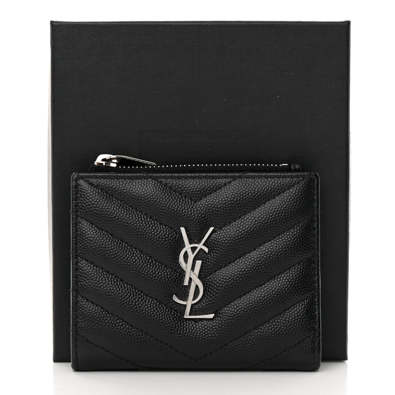 Saint Laurent Grain De Poudre Matelasse Chevron Monogram Zipped Card Case Black 10 of 10