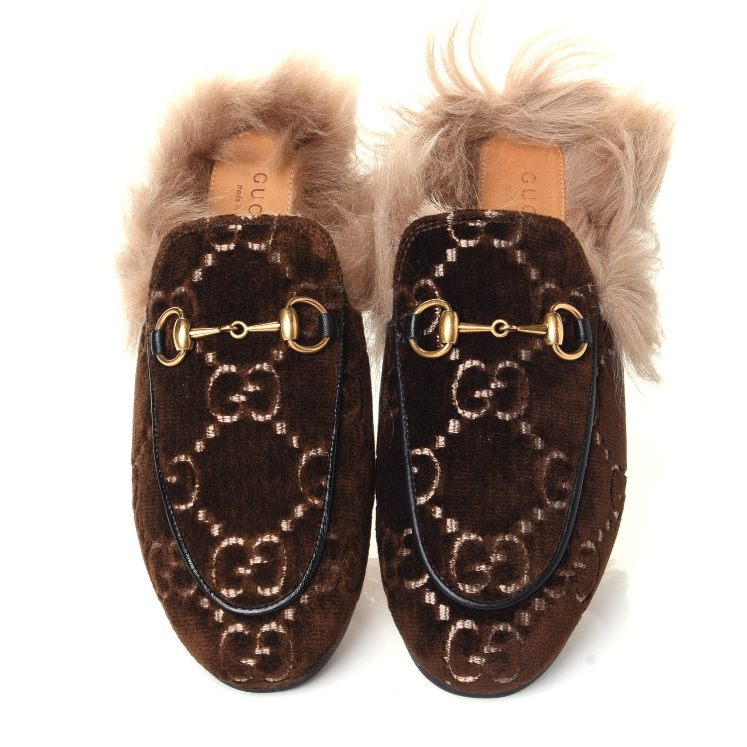 Gucci Velvet GG Monogram Fur Womens Princetown Slippers 35 Brown Black Natural 5 of 10