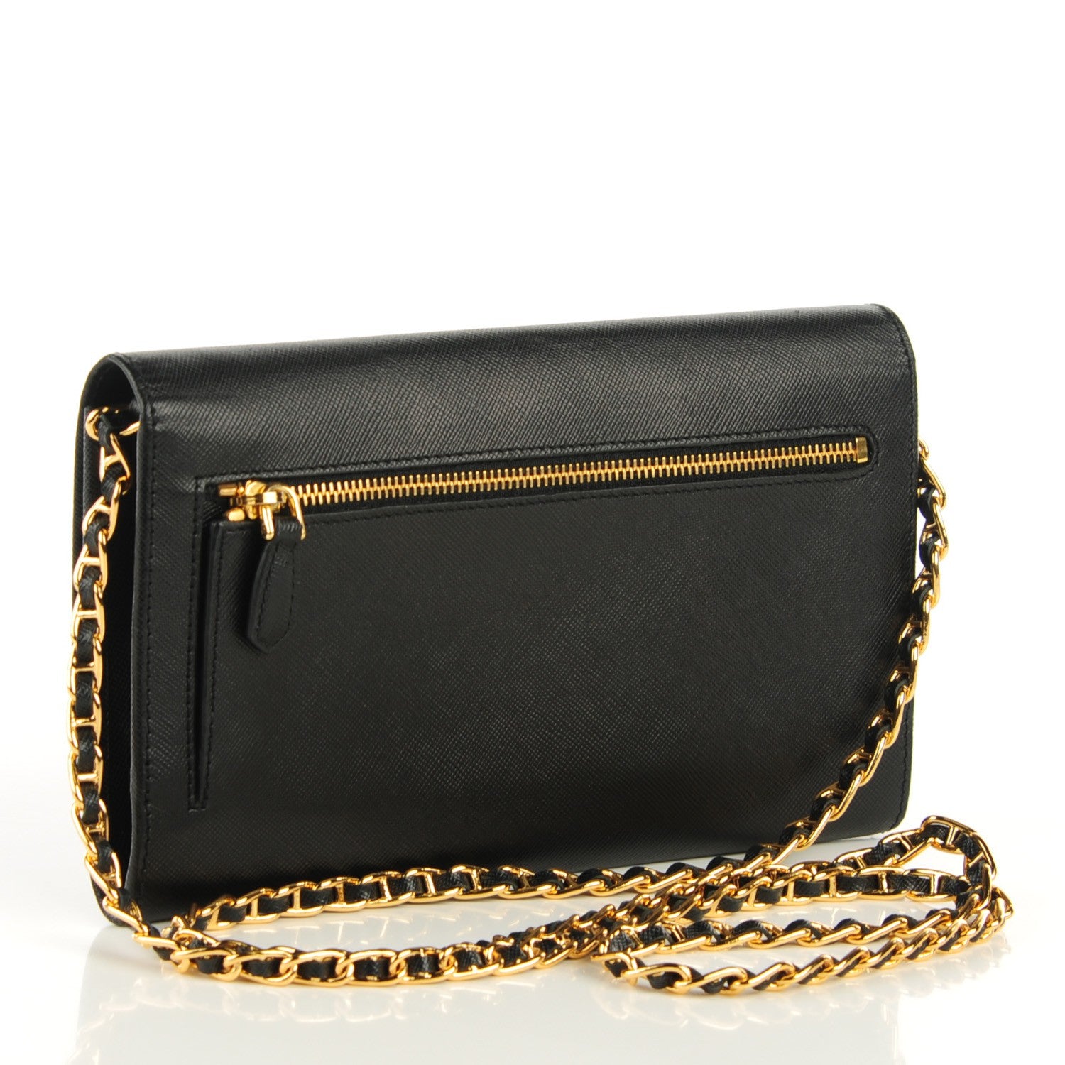 Prada Saffiano Metal Oro Chain Wallet Nero Black 3 of 8