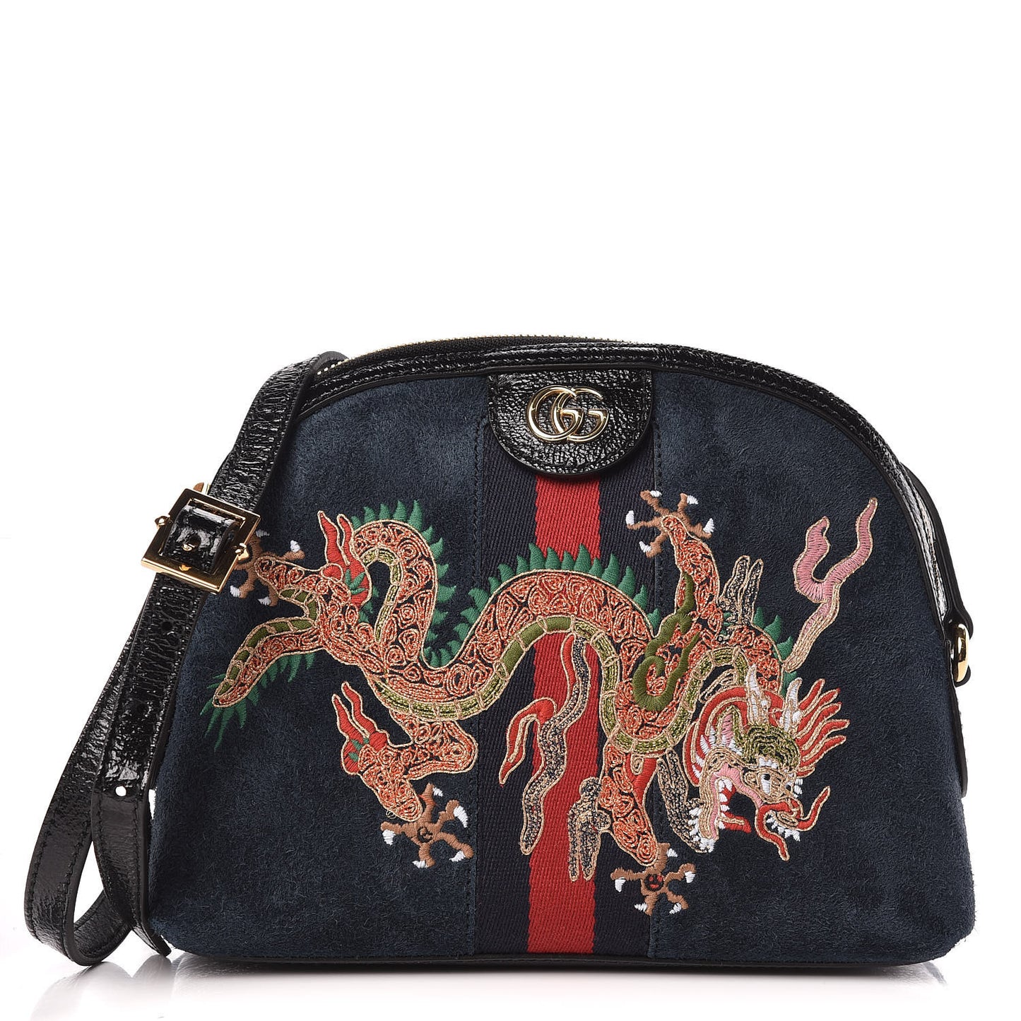 Suede Patent Dragon Embroidered Small Ophidia Dome Shoulder Bag Blue Multicolor Black