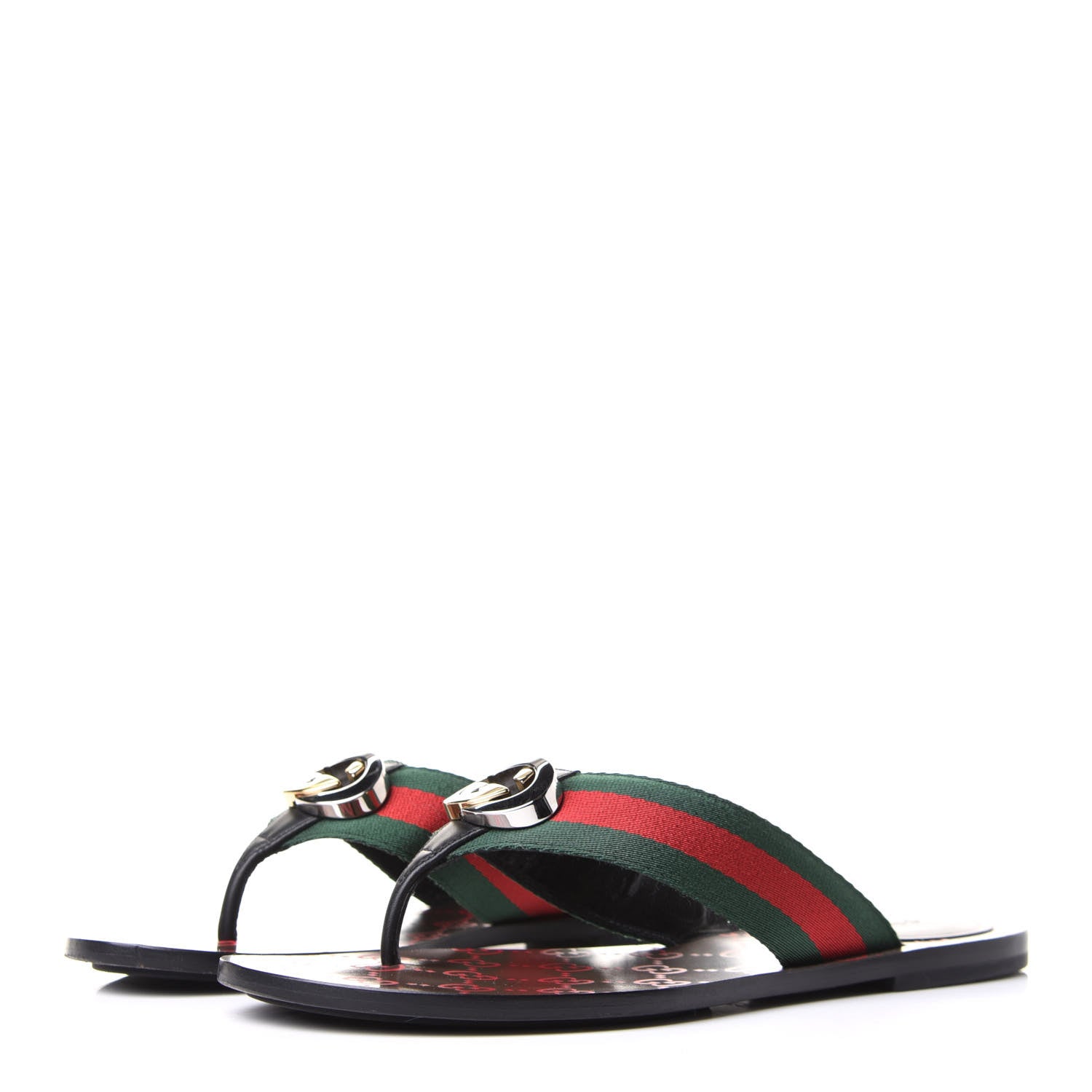 Gucci Nylon Calfskin Web GG Monogram Womens Thong Sandals 37 Green Red Cocoa 3 of 9