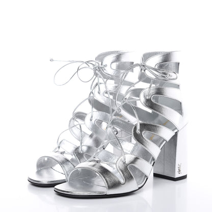 Saint Laurent Metallic Nappa Silk Babes 90 Lace Up Sandals 39 Argento 3 of 8