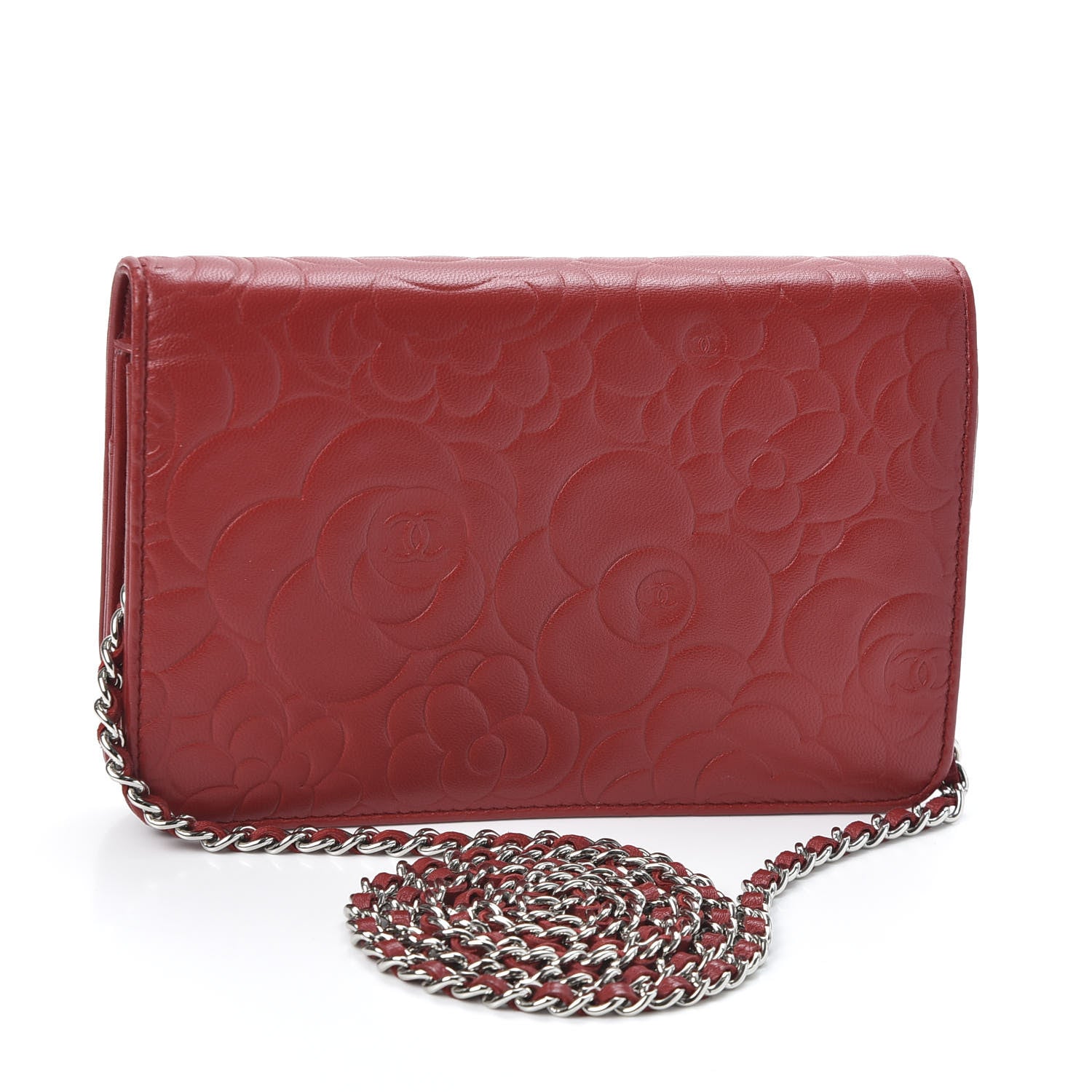 Chanel Lambskin Camellia Embossed Wallet On Chain WOC Red 2 of 11