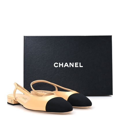 Chanel Goatskin Grosgrain Cap Toe CC Slingback Sandals 37 Beige Black 10 of 10