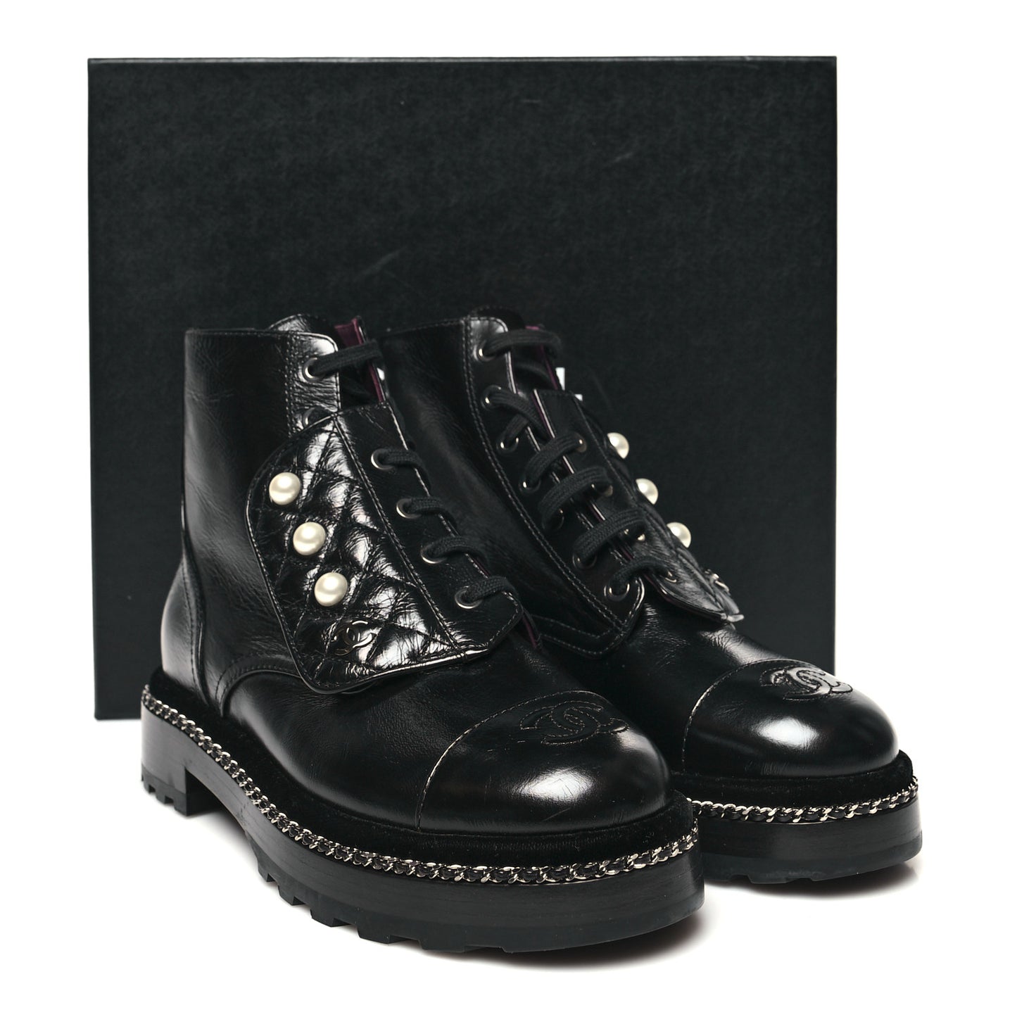 Crackled Calfskin Velvet Pearl Combat Short Boots 37.5 Black