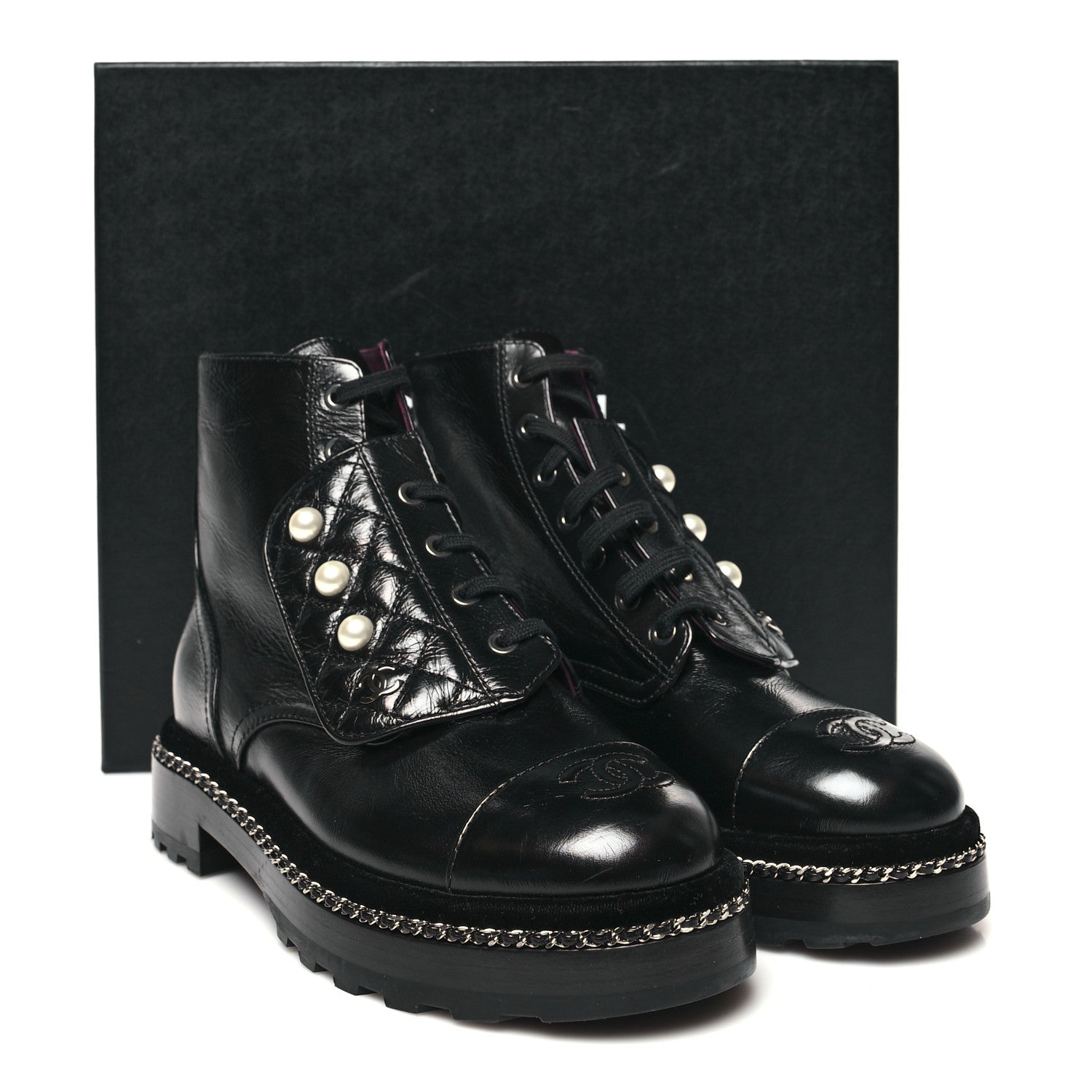 Chanel Crackled Calfskin Velvet Pearl Combat Short Boots 37.5 Black 9 of 9