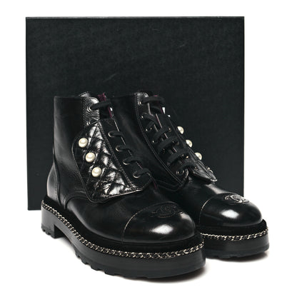 Chanel Crackled Calfskin Velvet Pearl Combat Short Boots 37.5 Black 9 of 9