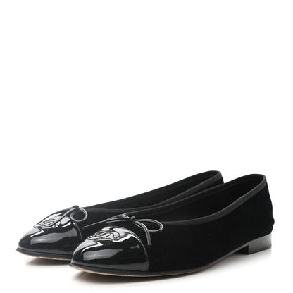 Chanel Velvet Patent Calfskin Cap Toe Ballerina Flats 37 Black 3 of 8