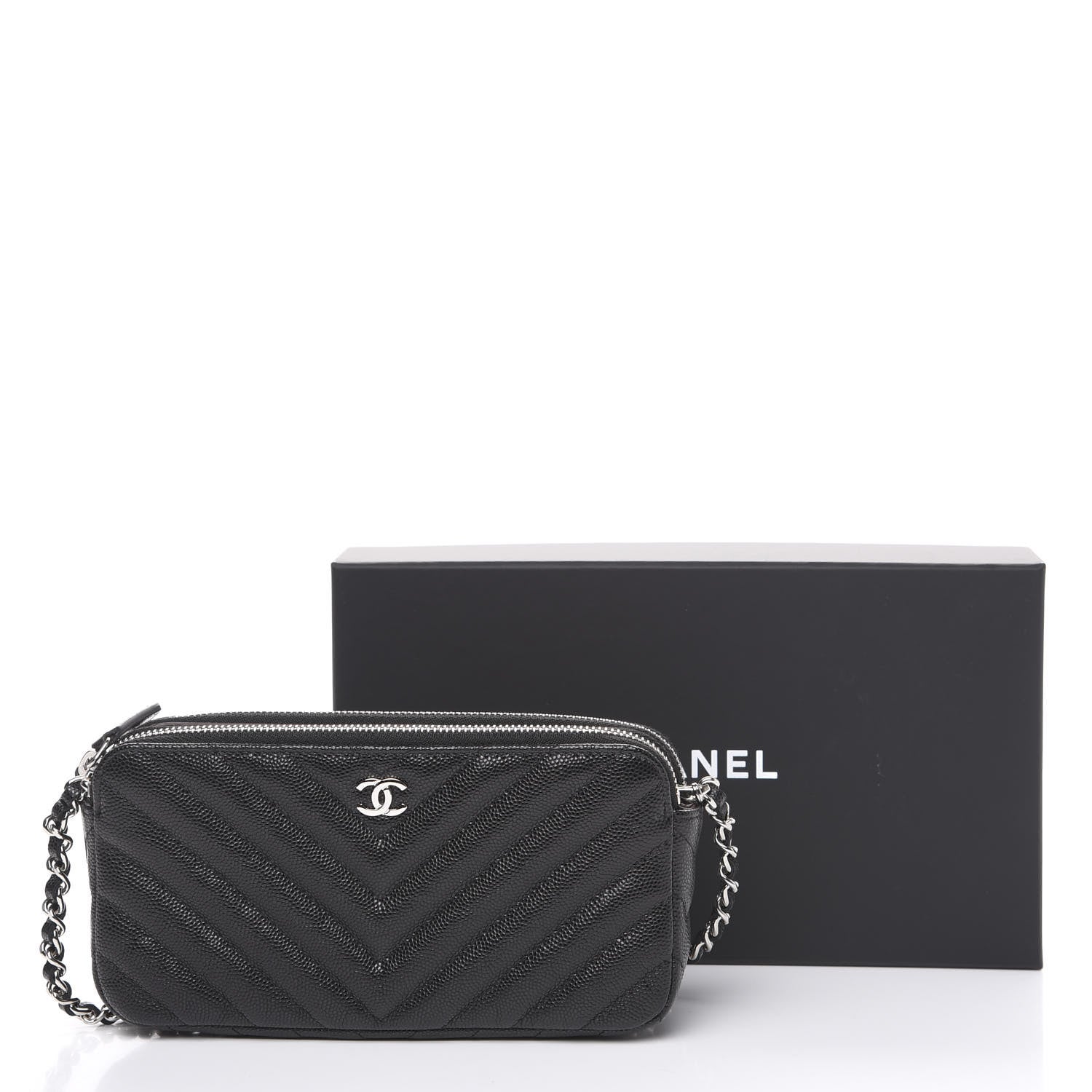 Chanel Caviar Chevron Quilted Small Clutch With Chain Black 9 of 9