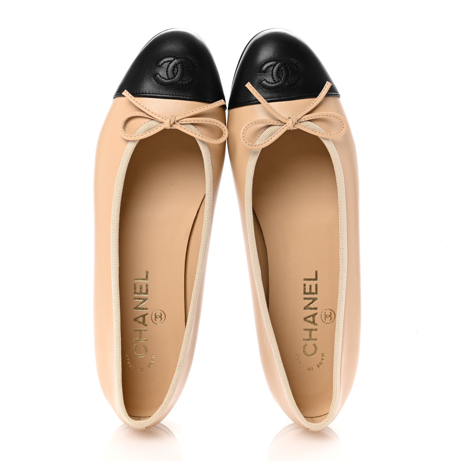 Chanel Lambskin Cap Toe CC Ballerina Flats 38.5 Beige Black 2 of 10