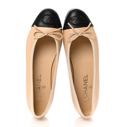Chanel Lambskin Cap Toe CC Ballerina Flats 38.5 Beige Black 2 of 10