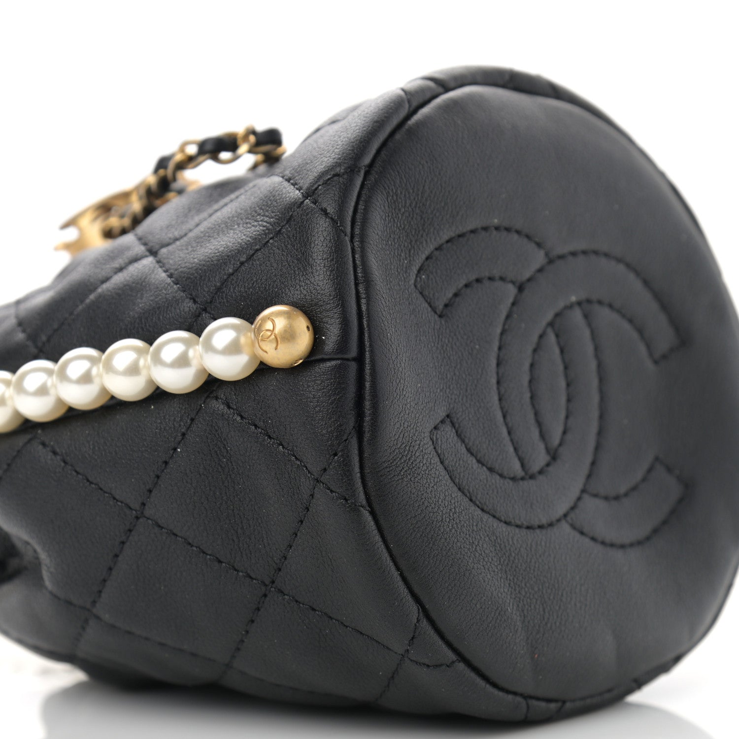 Chanel Calfskin Quilted Pearl Mini About Pearls Drawstring Bucket Bag Black 9 of 10