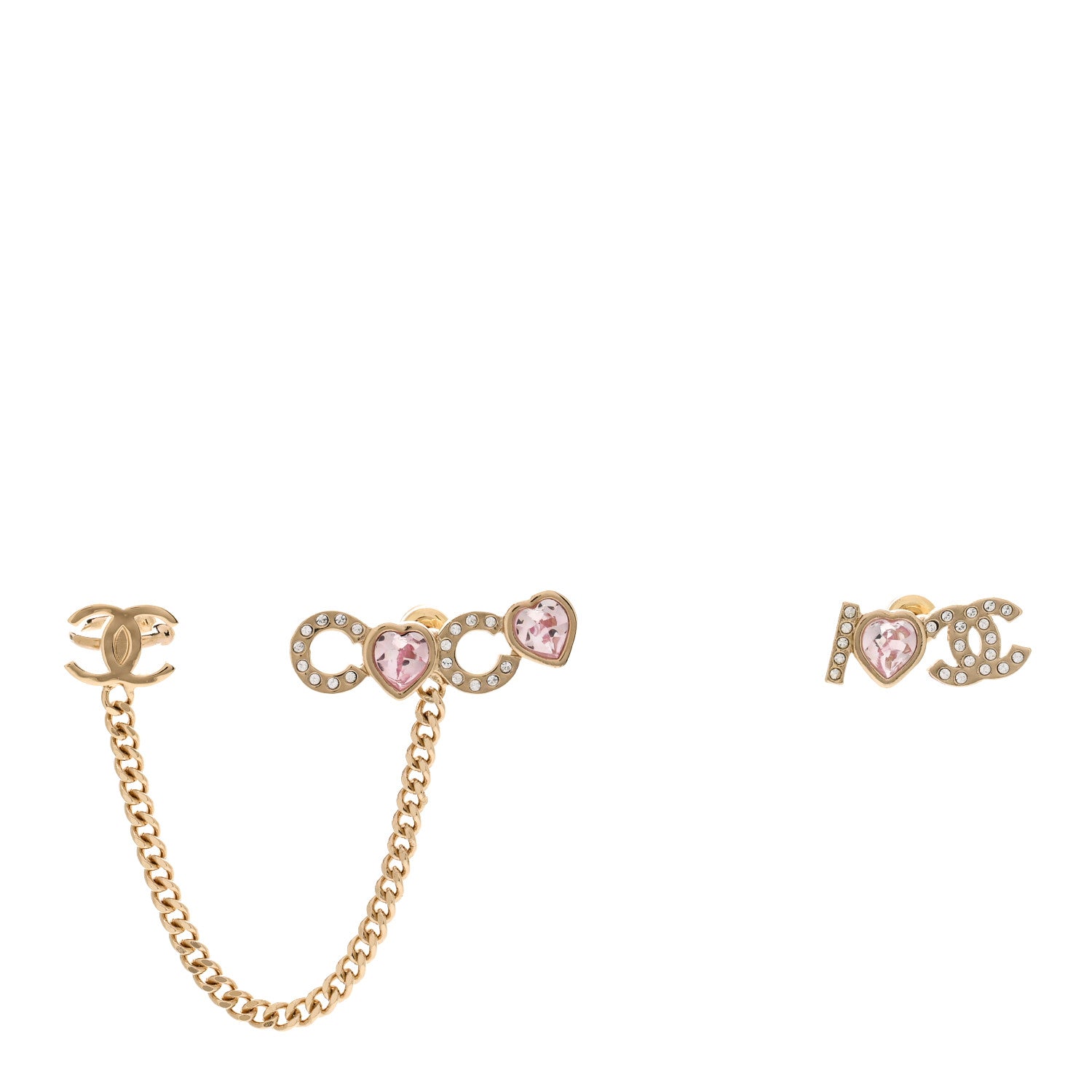 Chanel Metal Strass I Love Coco Heart Chain Climber Earrings Gold Pink 1 of 4