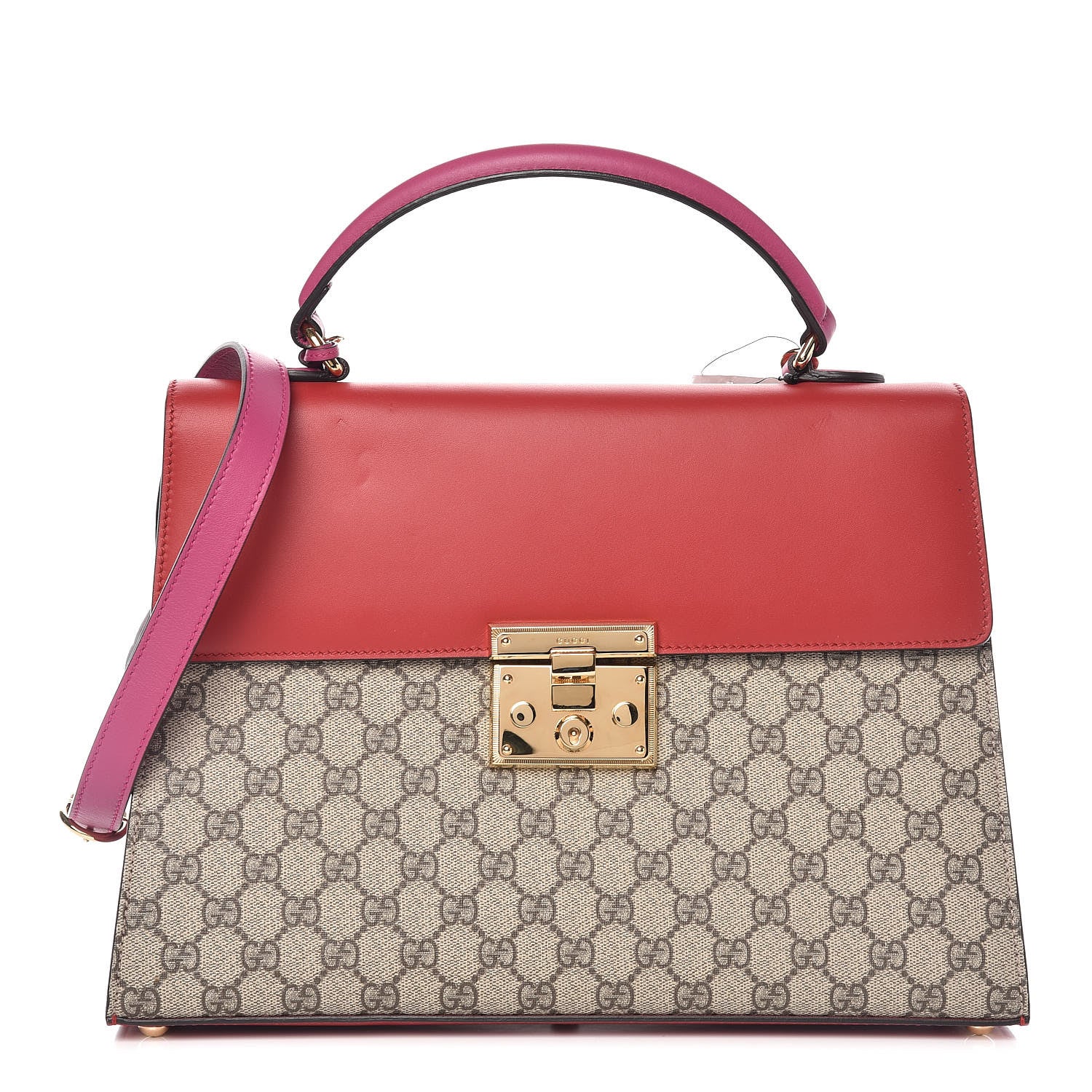Gucci GG Supreme Monogram Calfskin Medium Padlock Top Handle Bag Beige Hibiscus Red New Rosette 1 of 10
