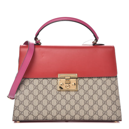 Gucci GG Supreme Monogram Calfskin Medium Padlock Top Handle Bag Beige Hibiscus Red New Rosette 1 of 10