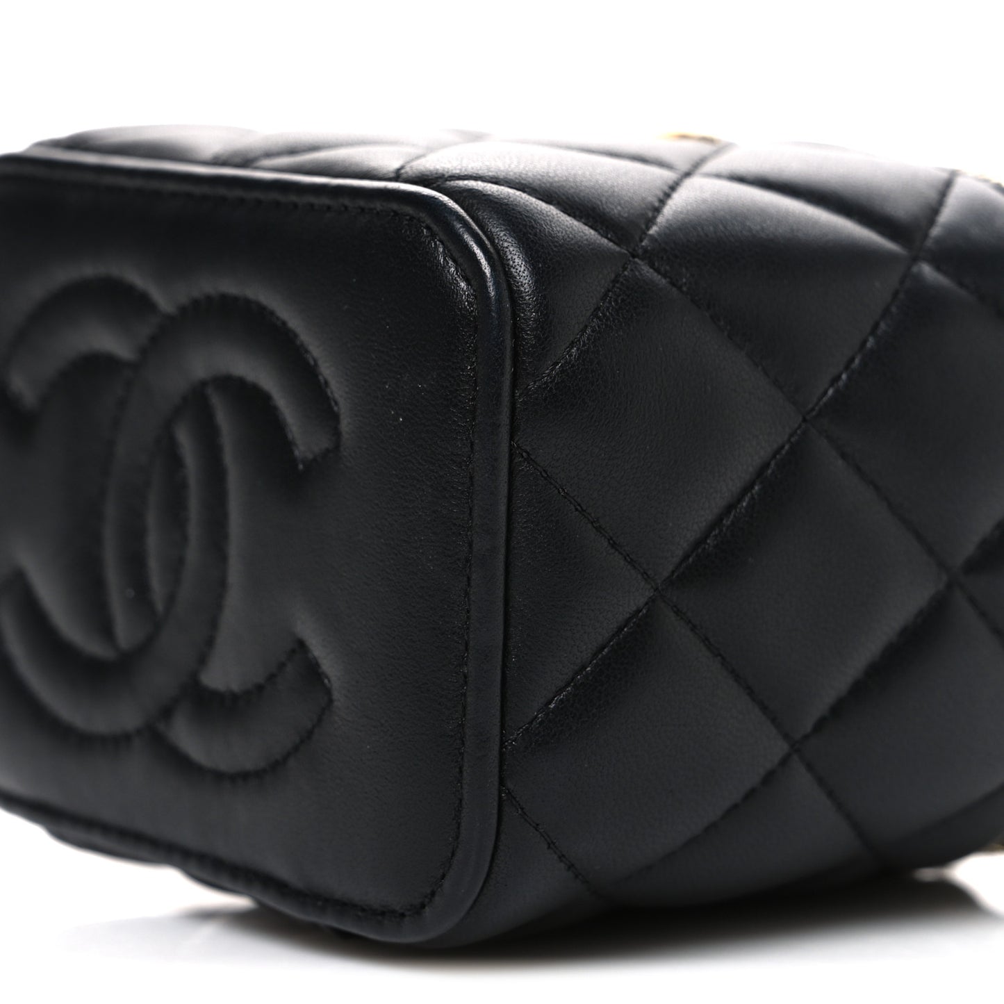 Lambskin Quilted Metal Mini Top Handle Vanity Case With Chain Black